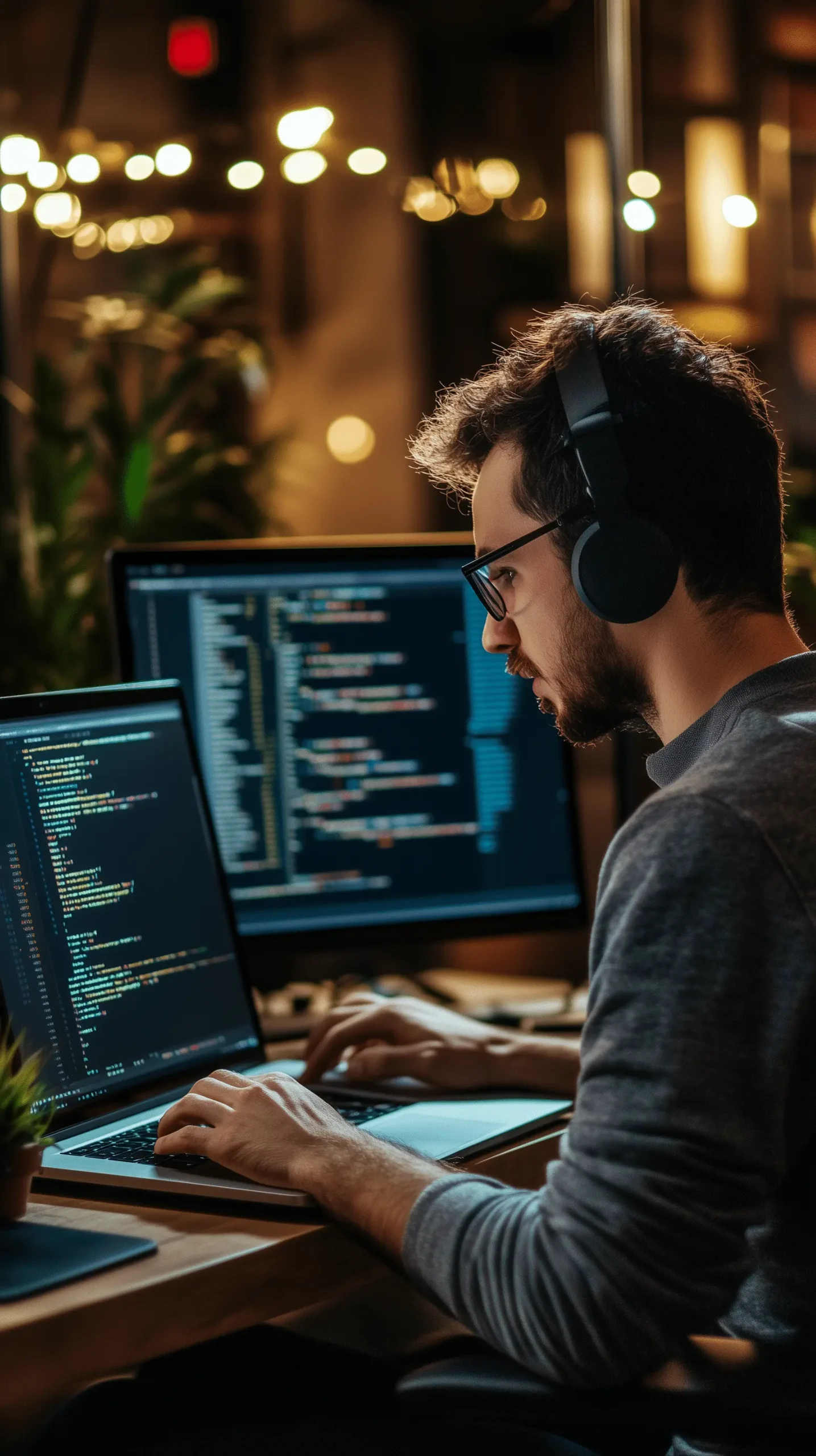 Developer creationX przy laptopie w słuchawkach