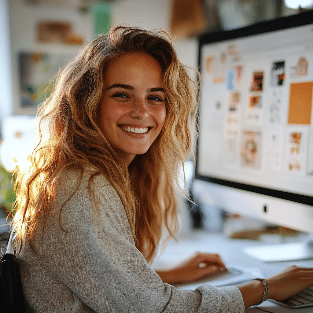 Graficzka z zespołu creationX pracująca przy komputerze nad projektami graficznymi