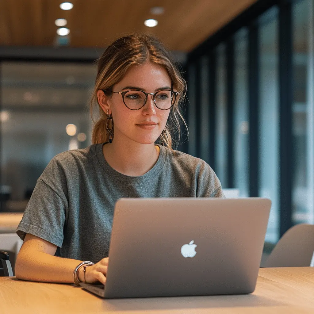 Młoda kobieta z zespołu creationX, pracująca przy laptopie w nowoczesnym, minimalistycznym biurze