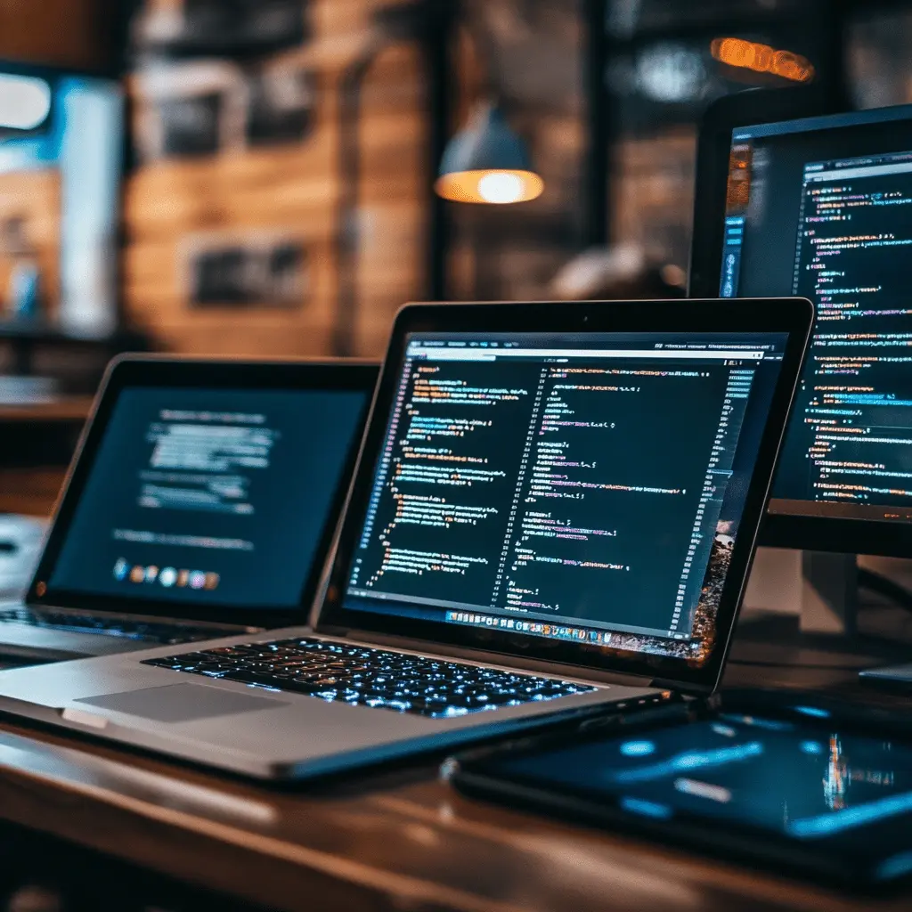 Kod programistyczny wyświetlany na różnych urządzeniach - laptop, tablet, smartfon