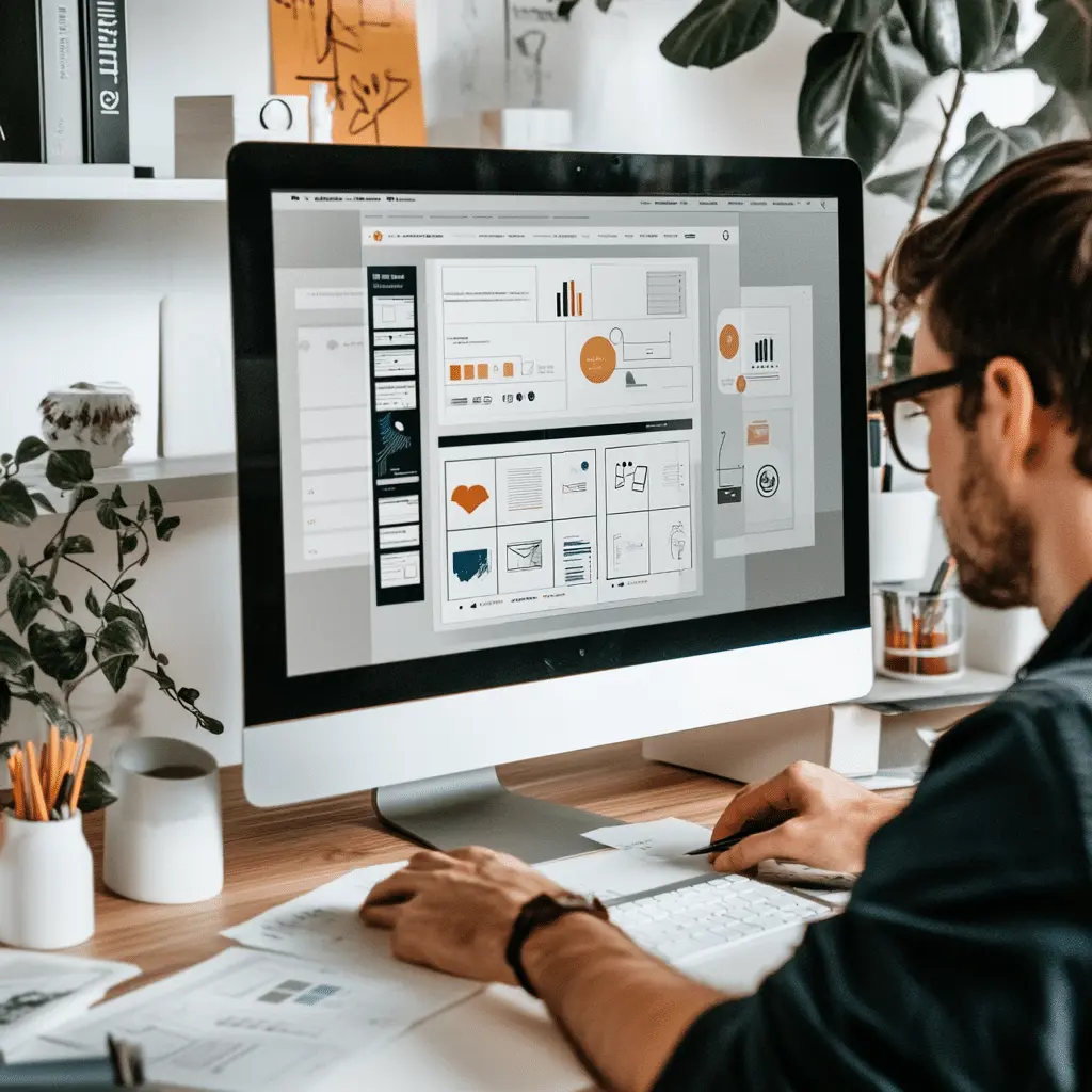 Mężczyzna z zespołu creationX pracuje przy komputerze nad projektem graficznym