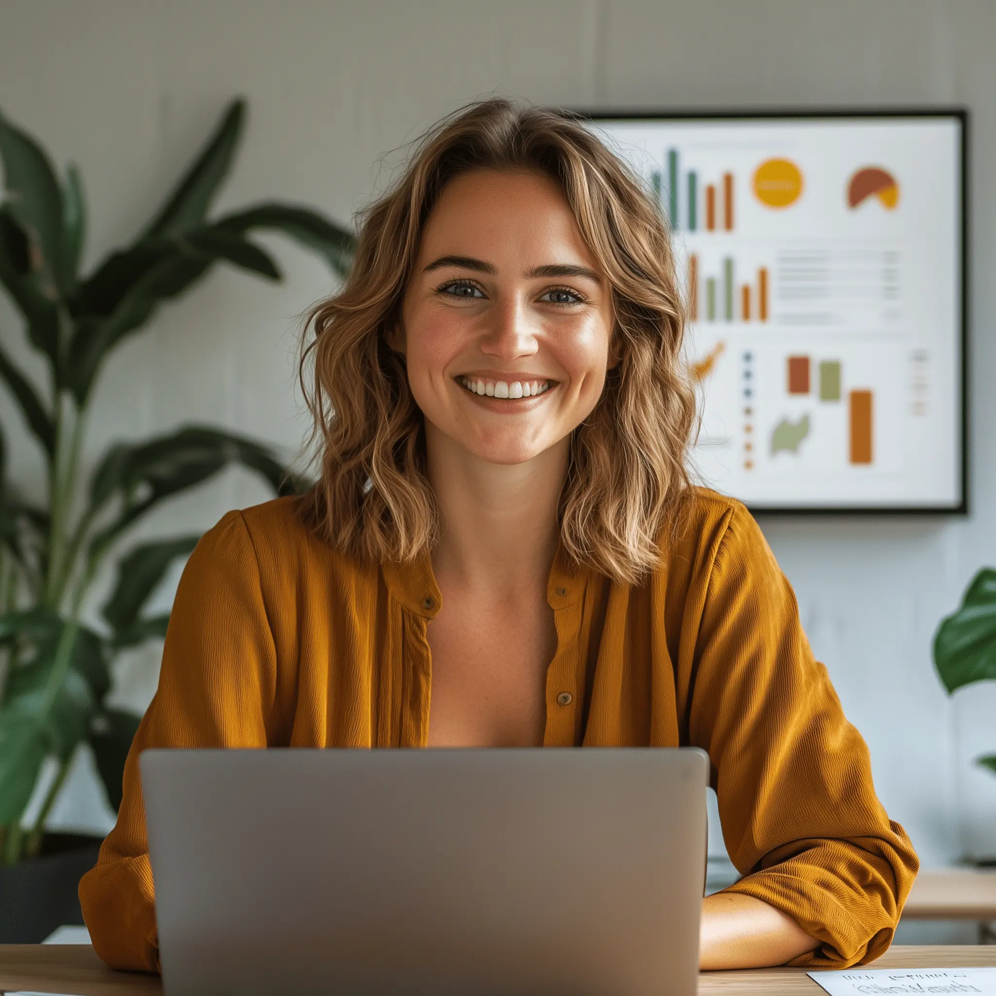 Uśmiechnięta kobieta z zespołu creationX przy laptopie w nowoczesnym biurze