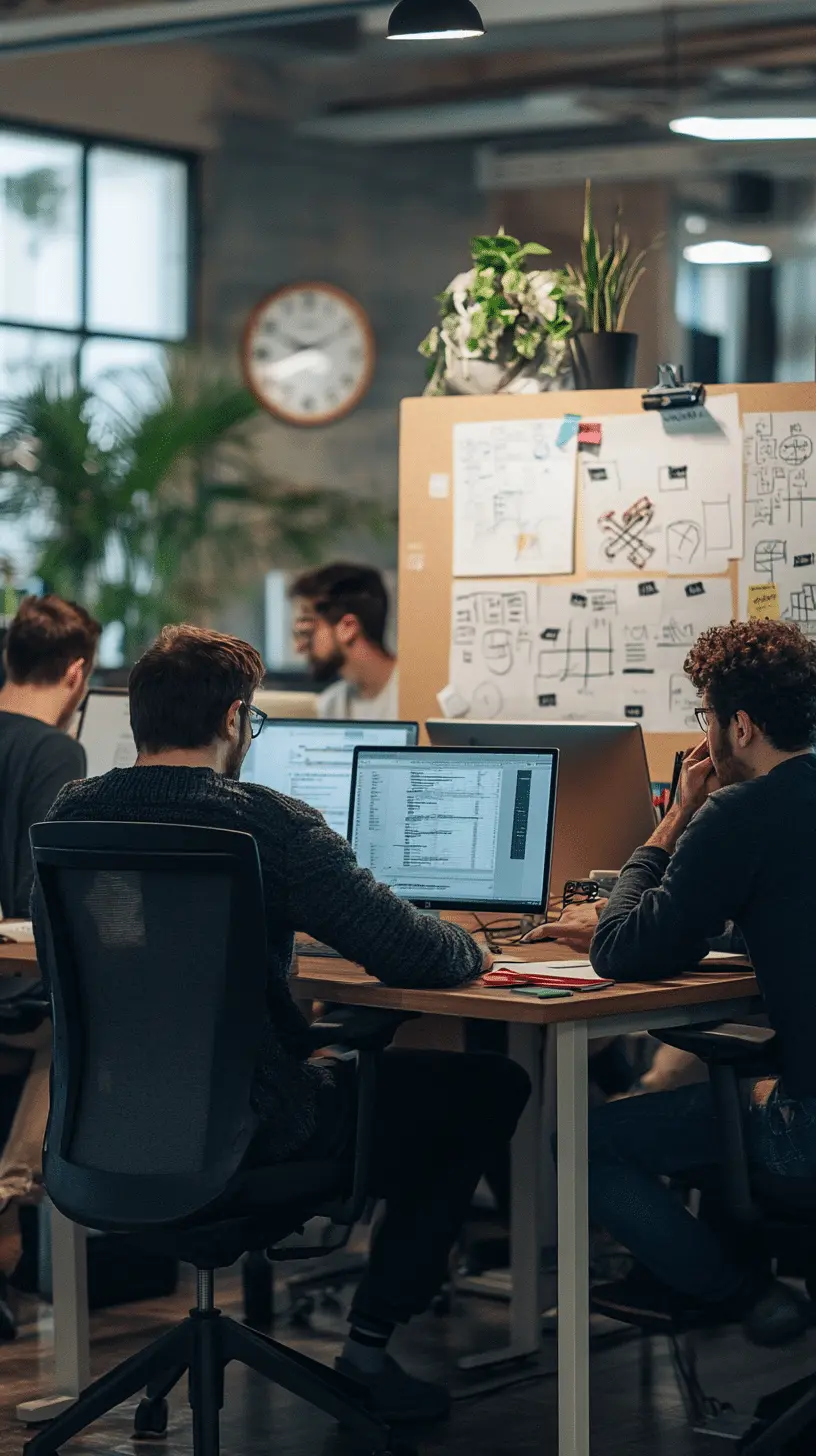 Zespół developerów creationX pracujący przy biurkach nad projektami klientów w nowoczesnym biurze