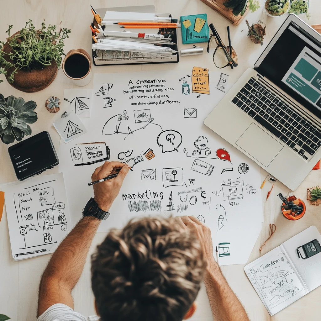 Kreatywna osoba podczas burzy mózgów nad pomysłami dla projektów stron i aplikacji webowych