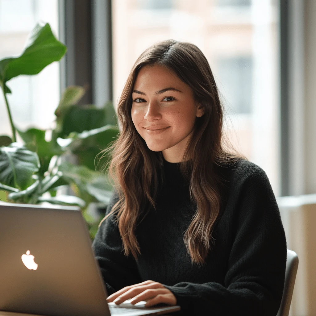 Atrakcyjna brunetka w średnim wieku programująca na laptopie strony www