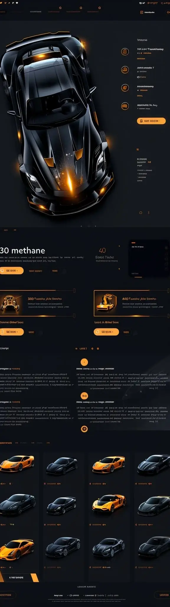 Mockup zaawansowanej platformy premium car services 360 Methane z futurystycznym sportowym samochodem, high-tech designem i racing prezentacją