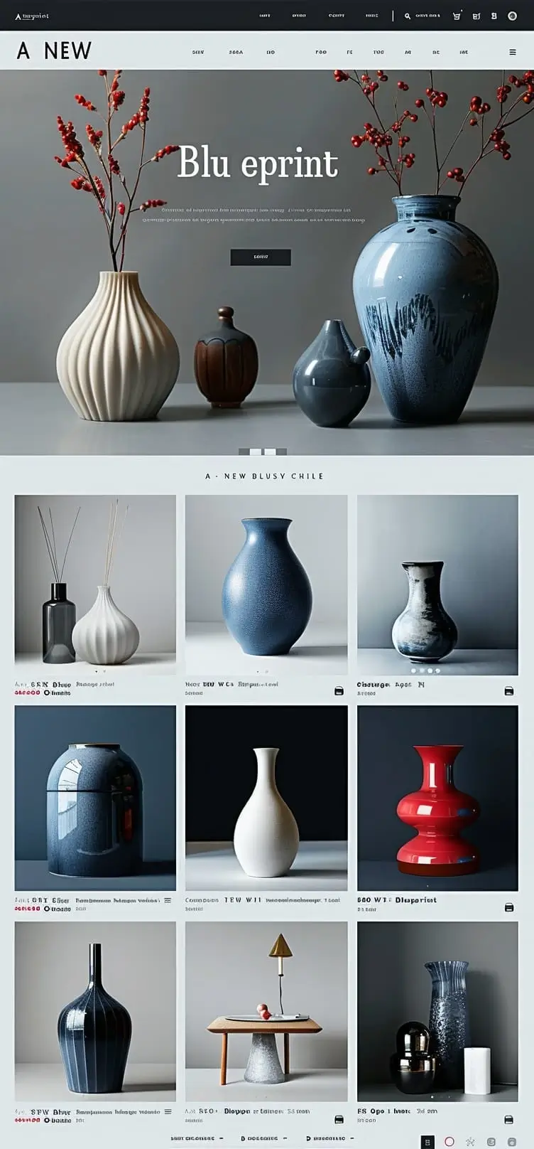 Mockup eleganckiego sklepu z ceramiką premium Blue Eprint z minimalistycznymi wazonami, niebieskimi akcentami i stylową prezentacją home decor