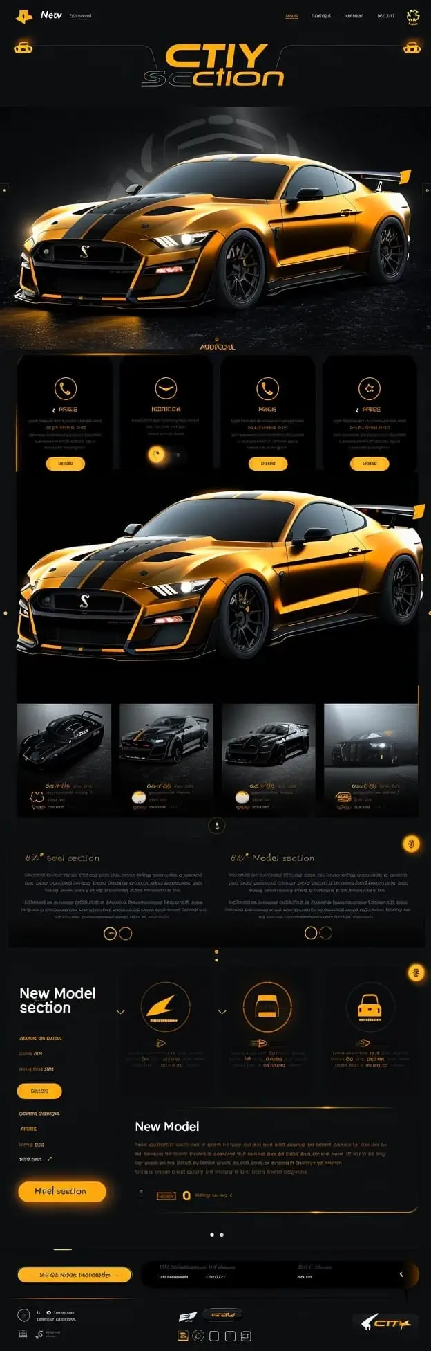 Mockup luksusowej platformy automotive services City Section z ekskluzywnym designem i sportowym samochodem w kolorach czarno-pomarańczowych