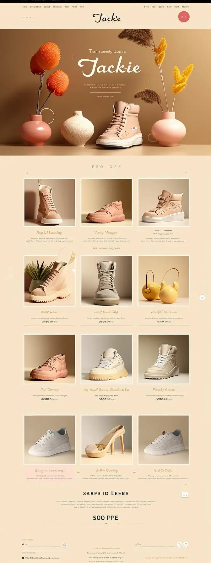 Mockup artystycznego sklepu z obuwiem Crafted Footwear w beżowo-brzoskwiniowych tonacjach, z wazonami, eleganckimi butami i stylową prezentacją rzemieślniczej kolekcji