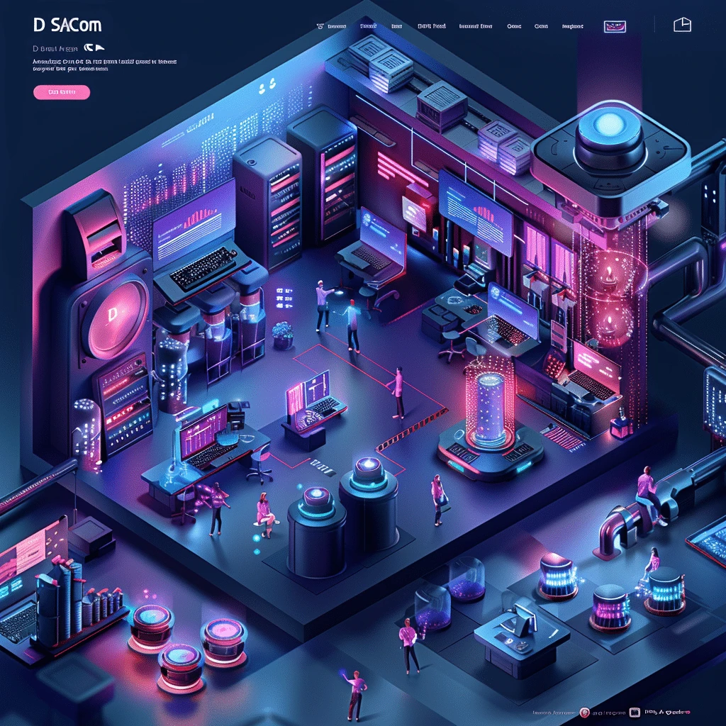 Mockup futurystycznego landing page D SACom z neonowymi kolorami, izometryczną wizualizacją laboratorium technologicznego i cyberpunkową prezentacją usług marketingowych