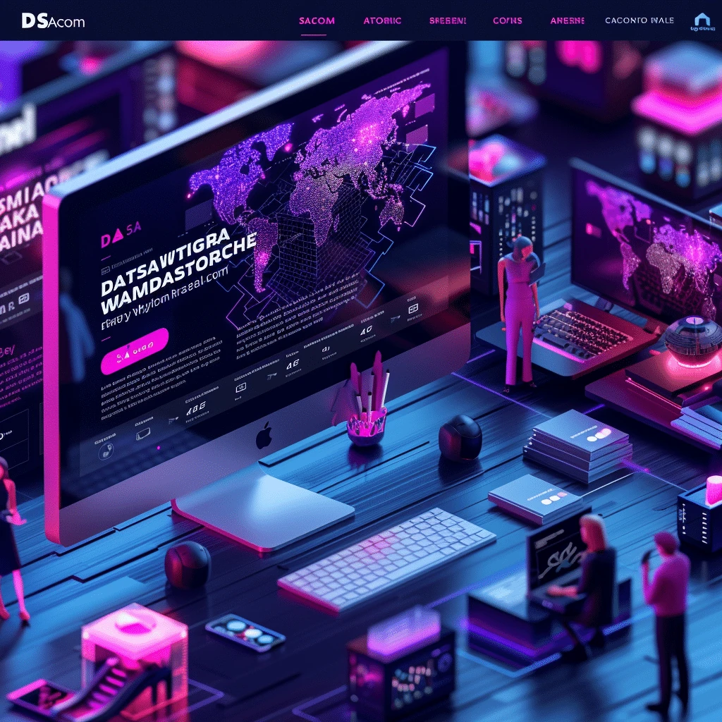 Mockup futurystycznej platformy global marketing D SACom Marketing Landing z cyberpunkowym designem, neonowymi kolorami i sci-fi atmosferą