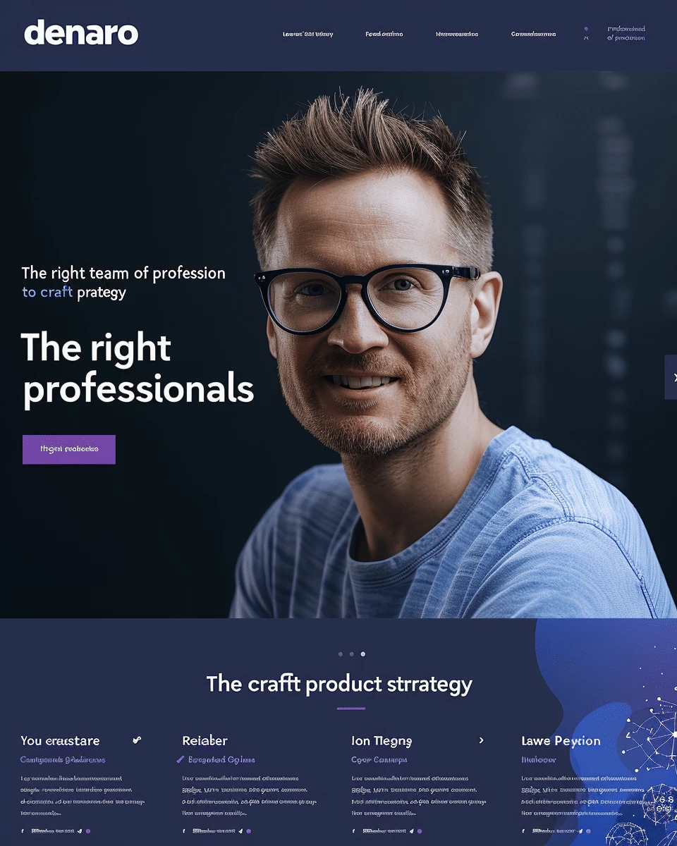 Mockup profesjonalnej strony usług technicznych Denaro Technical Services z mężczyzną w okularach na ciemnym tle i elegancką prezentacją zespołu profesjonalistów