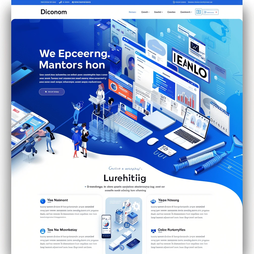 Mockup izometrycznego landing page agencji marketingowej Diconom z nowoczesnym designem, technologicznymi ilustracjami i profesjonalną prezentacją usług