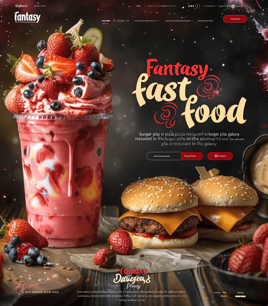 Mockup fantastycznej strony fast food catering Fantasy Fast Food z kosmicznym designem, efektownymi zdjęciami jedzenia i nowoczesną prezentacją