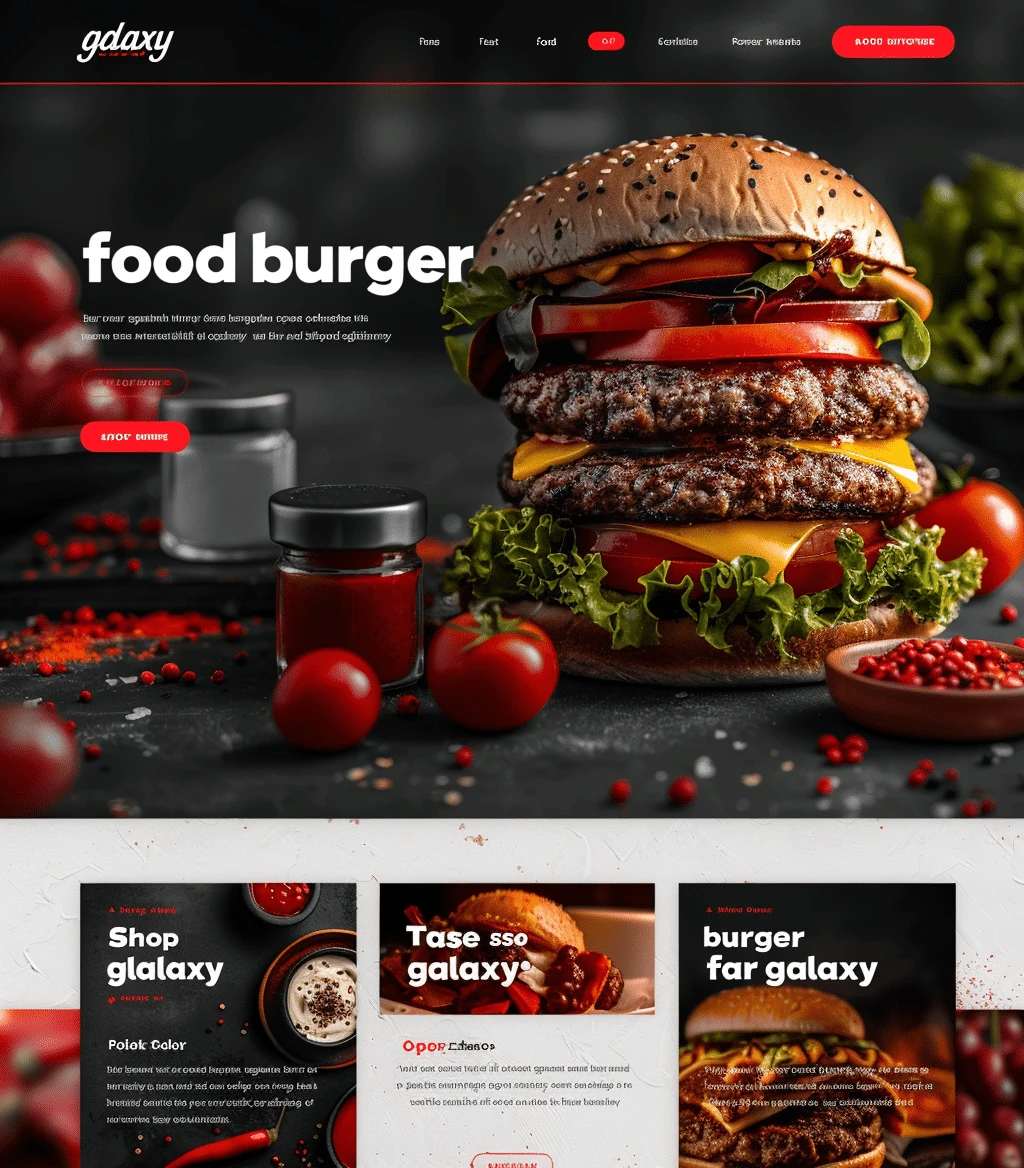 Mockup apetycznej strony burger shop Food Burger Shop z ciemnym designem, soczystym burgerem i profesjonalną prezentacją fast food menu