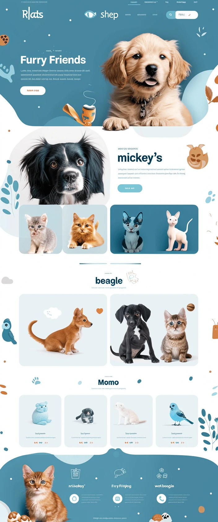Mockup przyjaznej strony usług dla zwierząt Furry Friends z uroczymi zdjęciami psów, turkusowym designem i ciepłą atmosferą