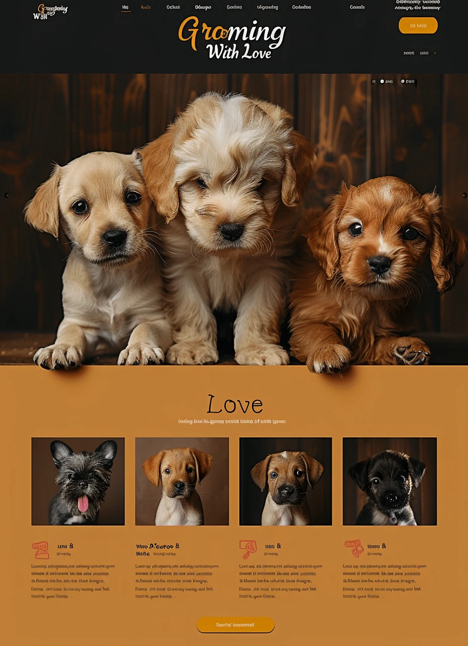 Mockup uroczej strony grooming services Grooming With Love z ciepłym designem, słodkimi szczeniętami i profesjonalną prezentacją usług dla zwierząt