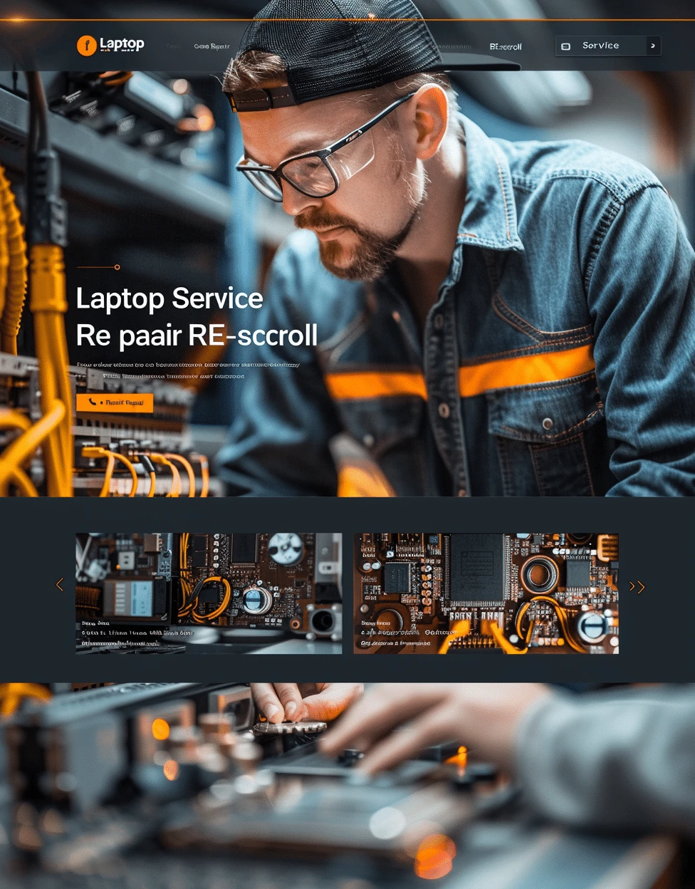 Mockup profesjonalnej strony laptop service and repair Laptop Service And Repair z technologicznym designem, pomarańczym akcentem i industrial prezentacją