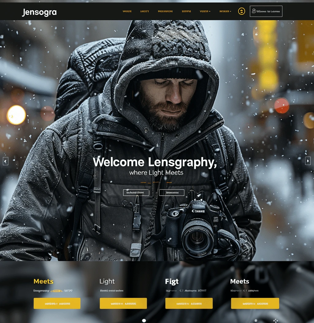 Mockup klimatycznego portfolio fotograficznego Lensgraphy z atmosferycznym designem, zimową scenerią i profesjonalną prezentacją usług fotograficznych