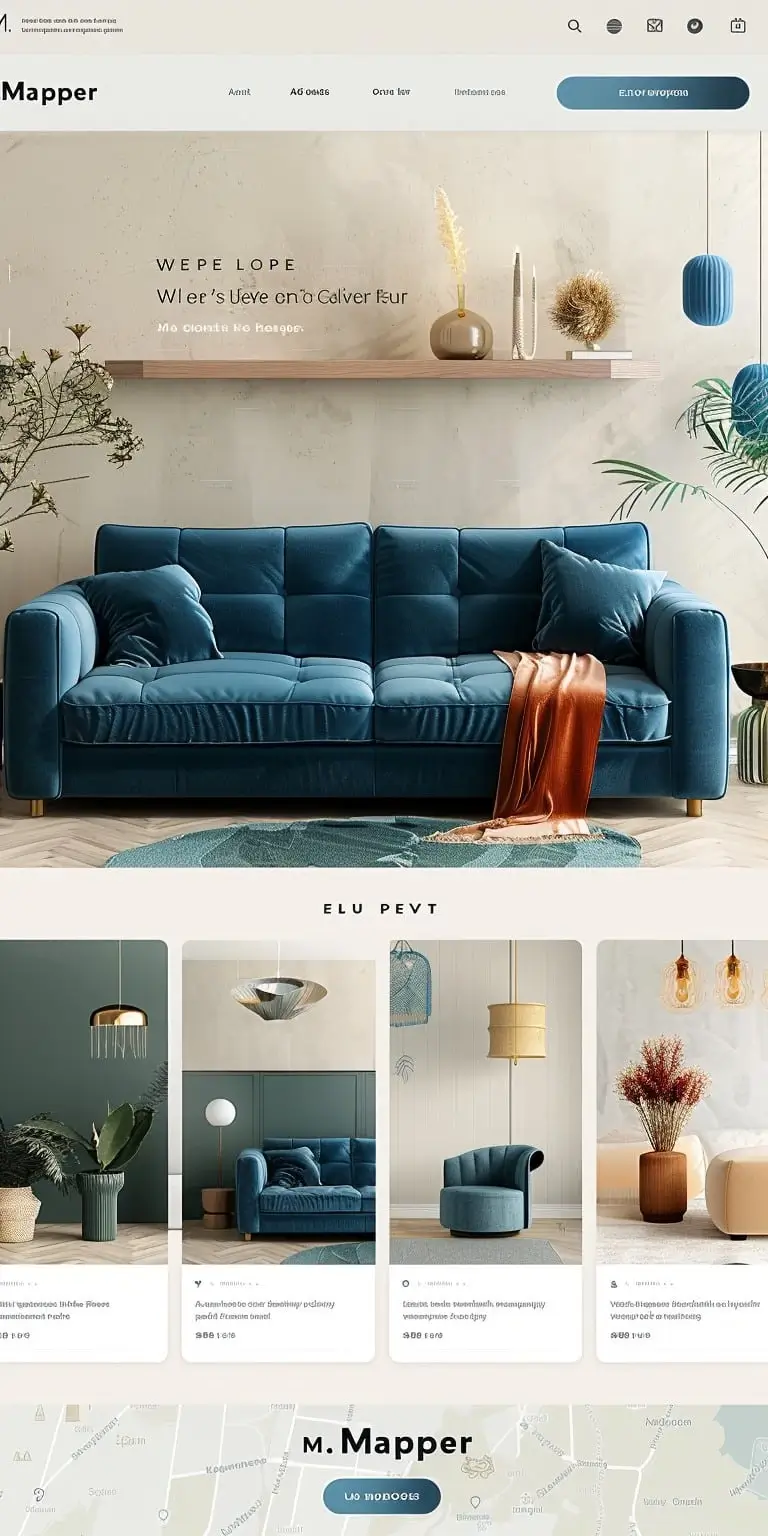 Mockup stylowego sklepu z meblami Mapper z niebieską sofą, przytulnymi dekoracjami i elegancką prezentacją wyposażenia wnętrz