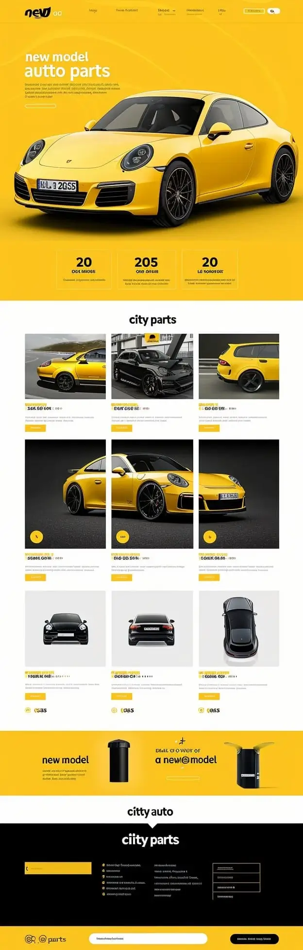 Mockup spektakularnej strony części samochodowych New Model Auto Parts z żółtym Porsche na żółtym tle i profesjonalną prezentacją części motoryzacyjnych