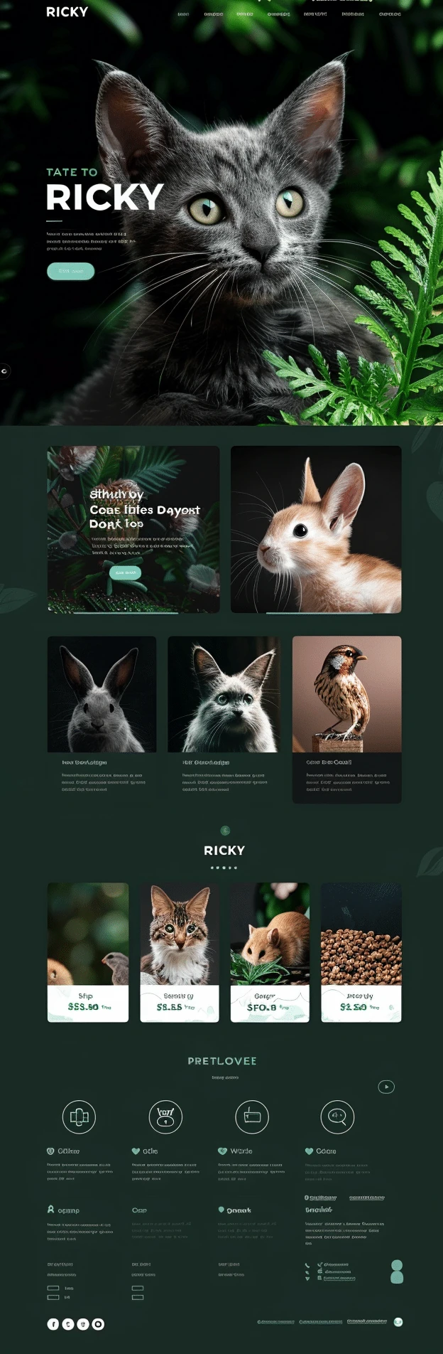 Mockup nowoczesnej strony miłośników zwierząt Petlovee z artystycznym designem, ciemnymi kolorami i naturalnym charakterem