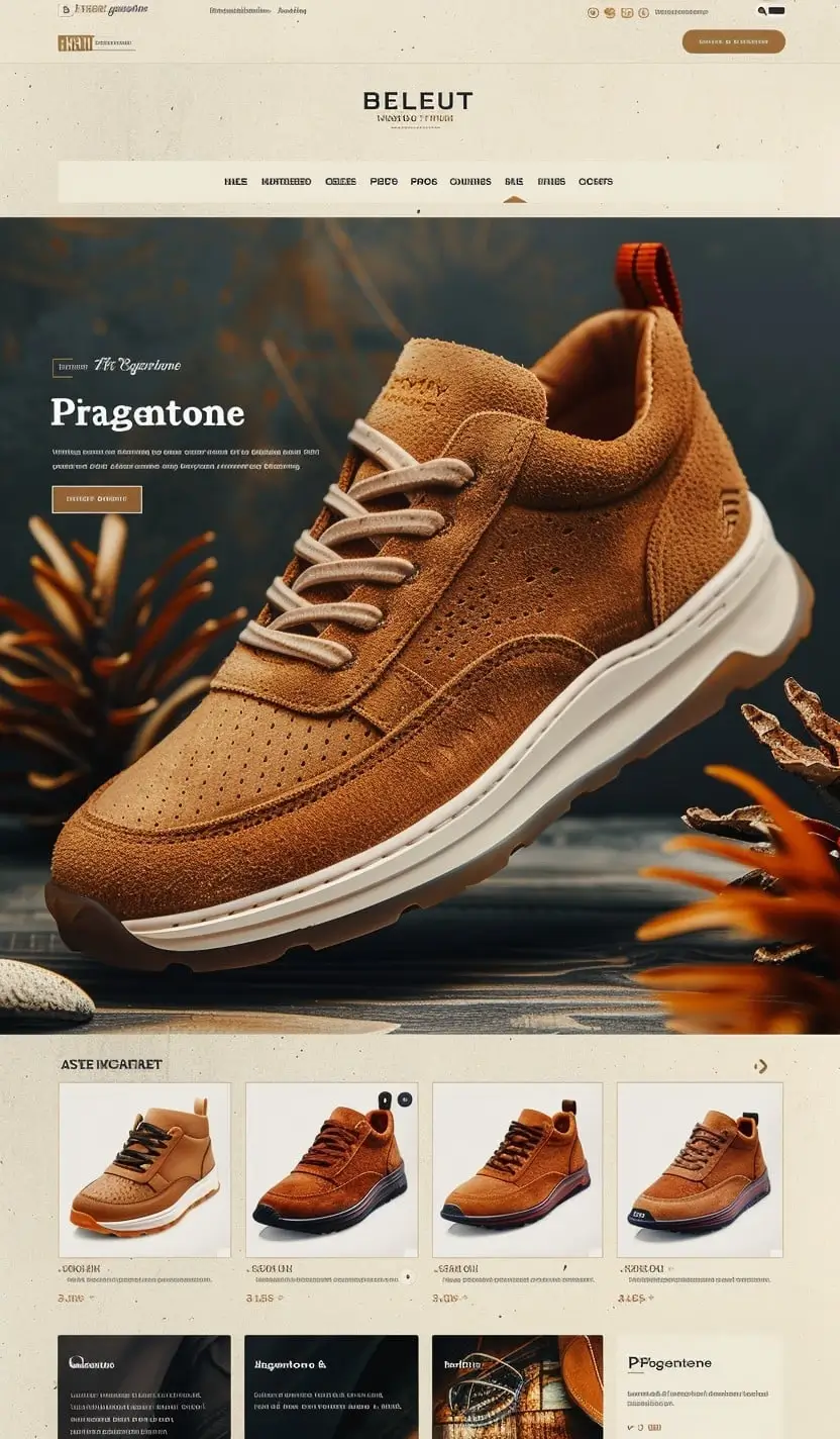 Mockup eleganckiego sklepu z premium obuwiem Premium Footwear z luksusowym designem, ciepłymi tonami i wyrafinowaną prezentacją