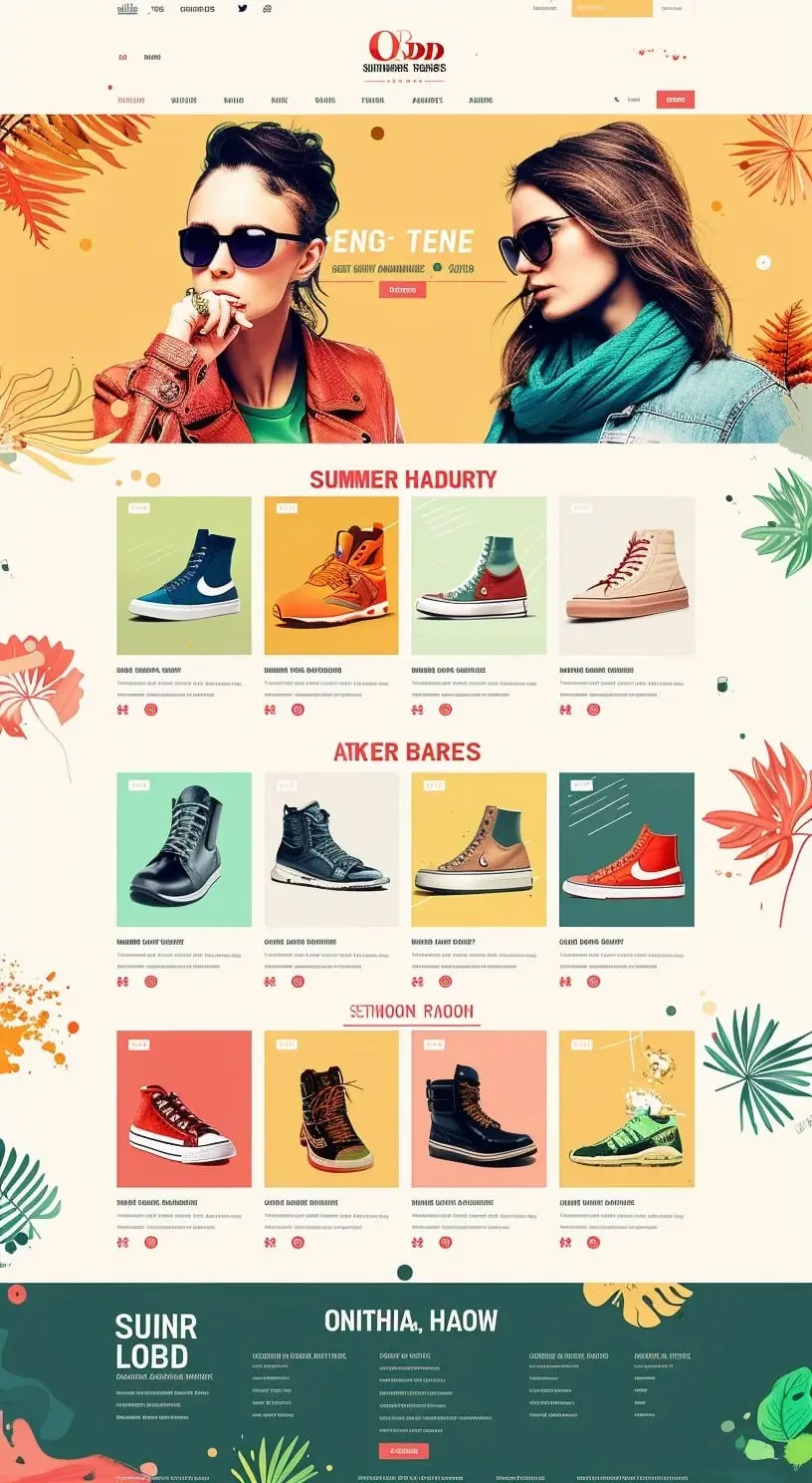 Mockup letniego sklepu z stylowym obuwiem Stylish Footwear z summer vibes designem, kolorowymi tonami i młodzieżową prezentacją