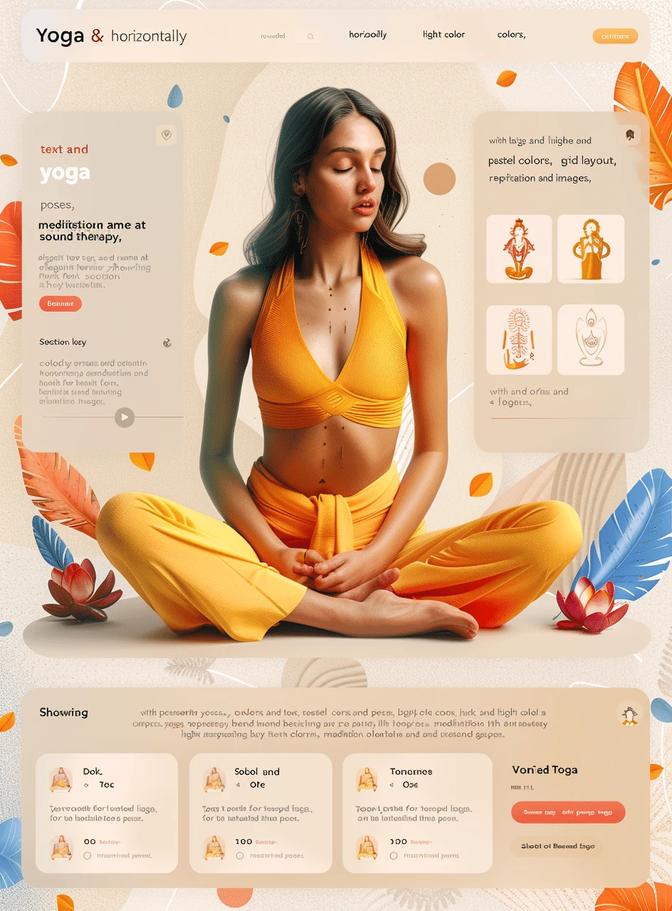 Mockup kolorowej strony studia jogi Yoga Horizontally Rounded z kobietą w żółto-pomarańczowym stroju medytacyjnym, elementami botanicznymi i harmonijną prezentacją usług wellness