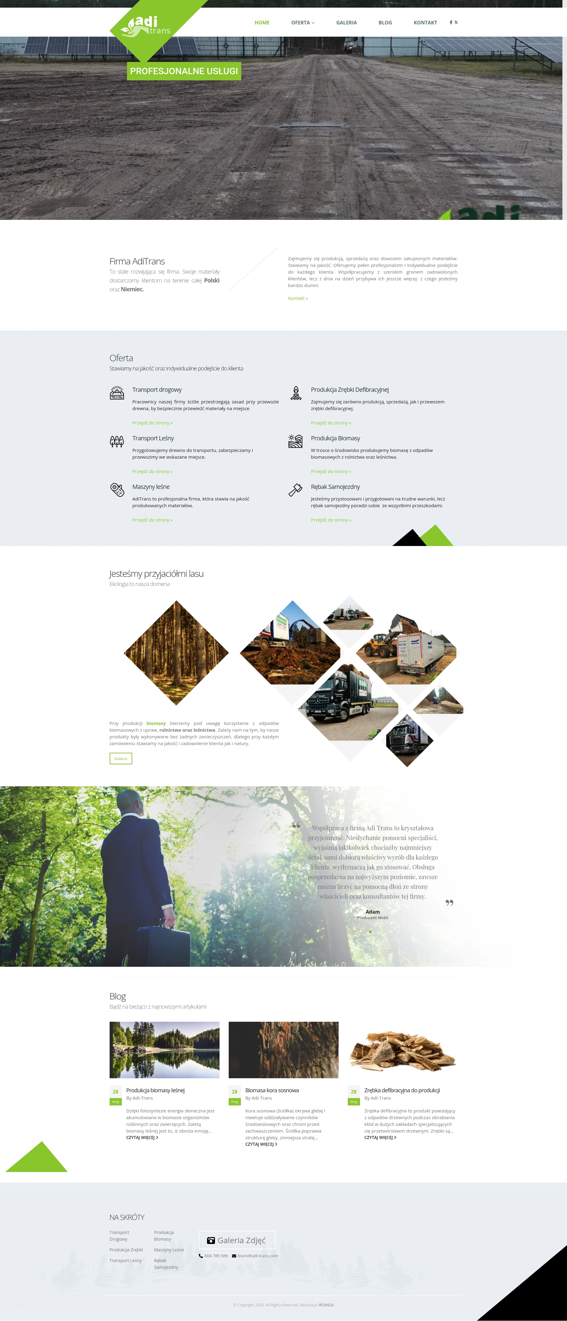 Screenshot strony internetowej AdiTrans - kompleksowa strona firmy transportowo-leśnej oferującej transport drogowy, produkcję zrębki defibracyjnej, biomasy oraz usługi maszynami leśnymi