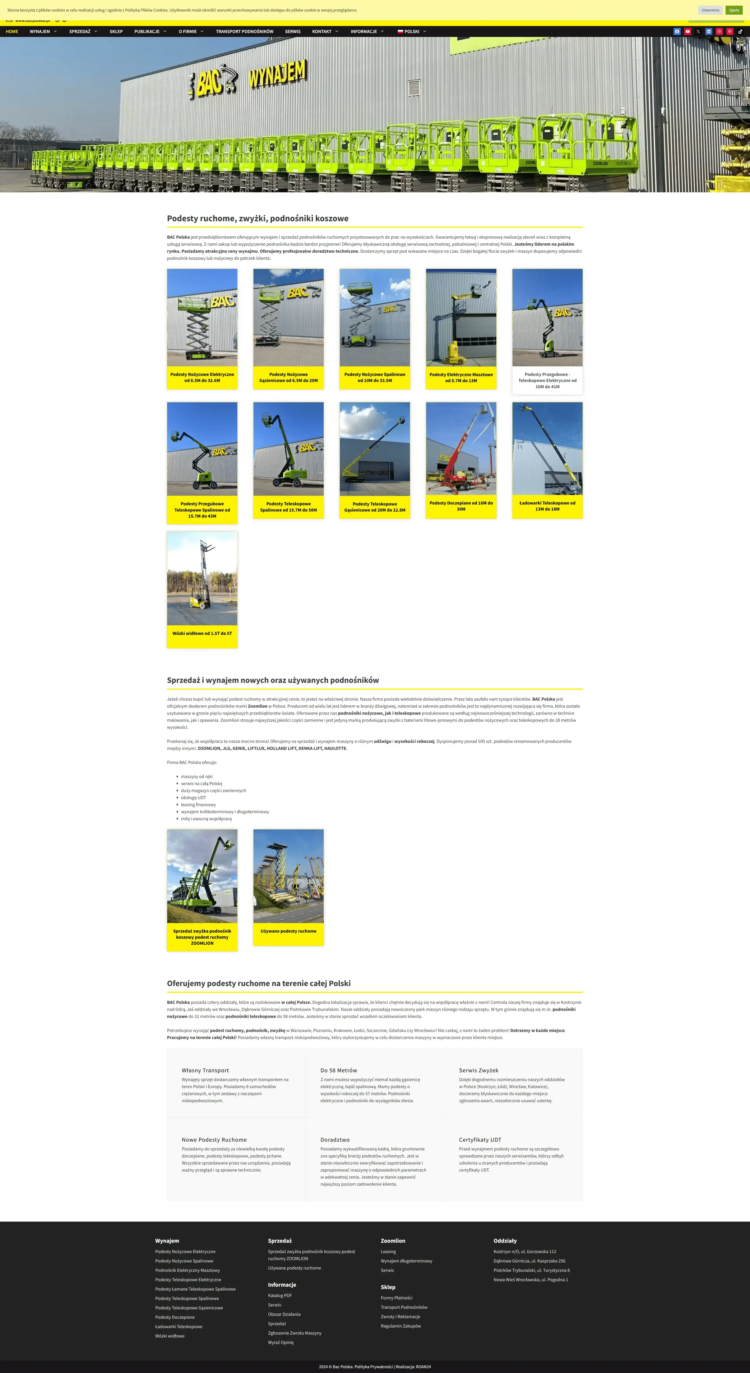 Screenshot strony internetowej BAC Polska - nowoczesna strona lidera w wynajmie i sprzedaży podnośników z galerią maszyn
