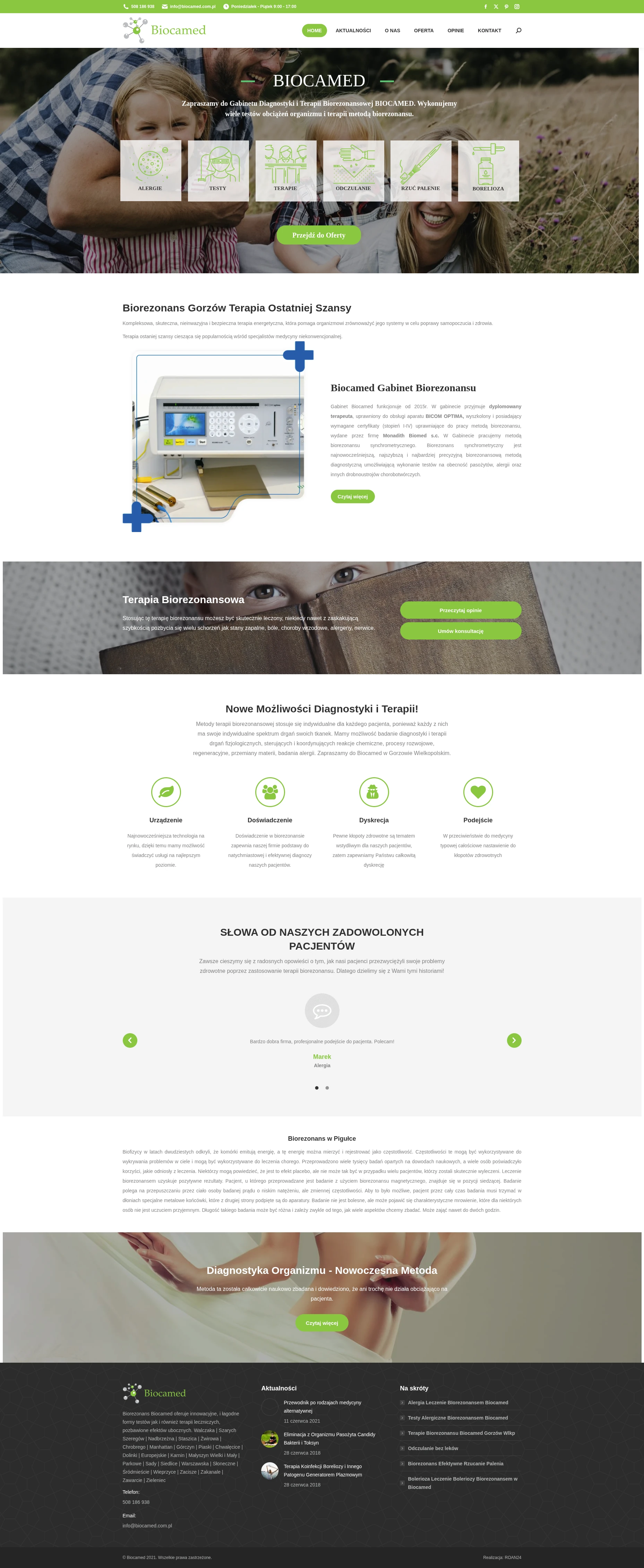 Screenshot strony internetowej BioCamed - specjalistyczna strona centrum biorezonansu oferującego diagnostykę i terapię opartą na pomiarze częstotliwości emitowanych przez komórki