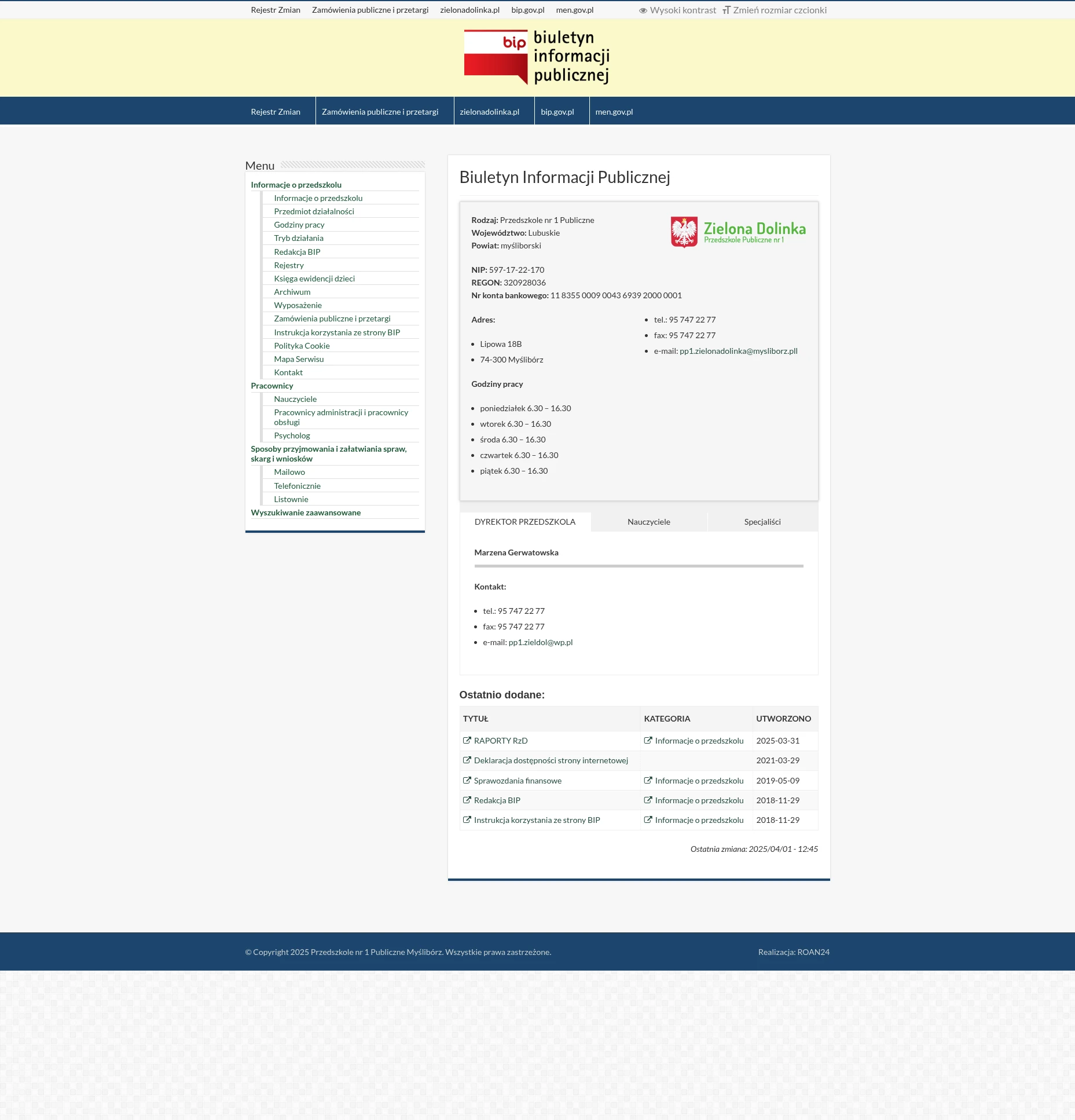 Screenshot strony BIP Publicznego Przedszkola Zielona Dolinka w Myśliborzu - oficjalna strona biuletynu informacji publicznej z danymi o placówce, sprawozdaniami finansowymi i informacjami dla rodziców