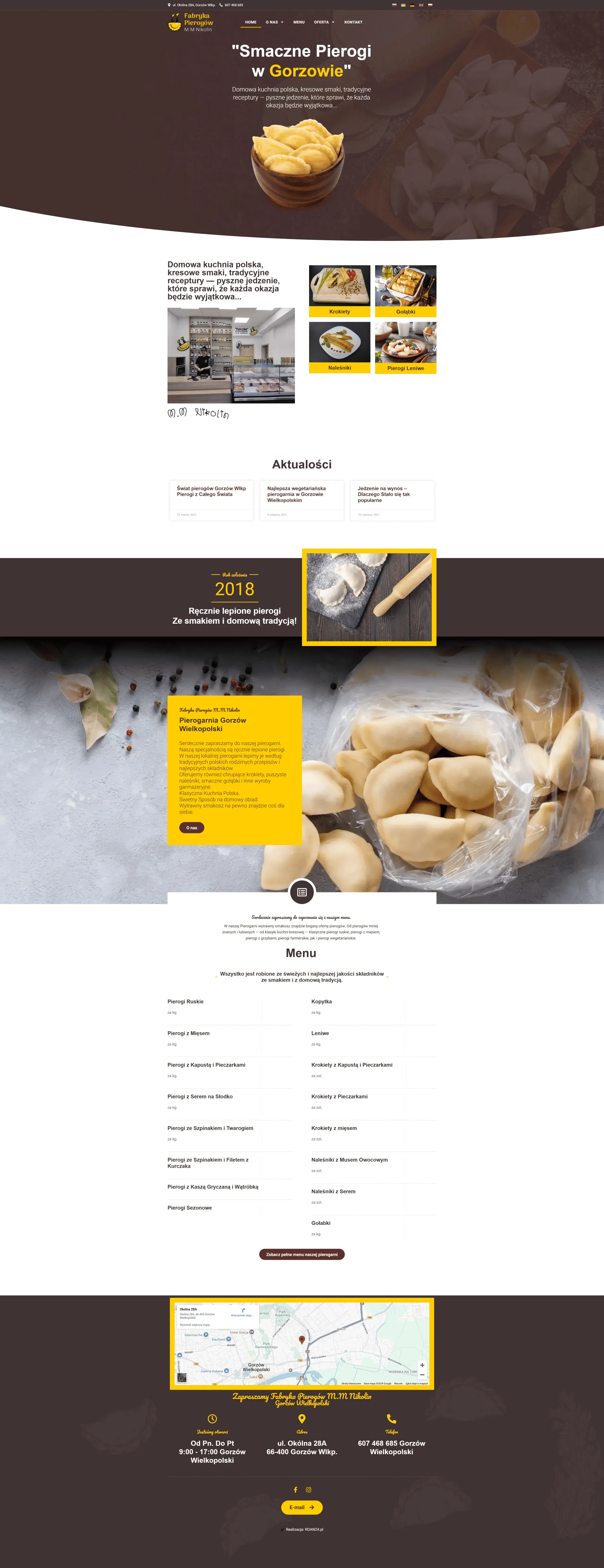 Screenshot strony internetowej Fabryki Pierogów M.M Nikolin - nowoczesna strona łącząca tradycję z nowoczesnością, z sekcją Smaczne Pierogi w Gorzowie