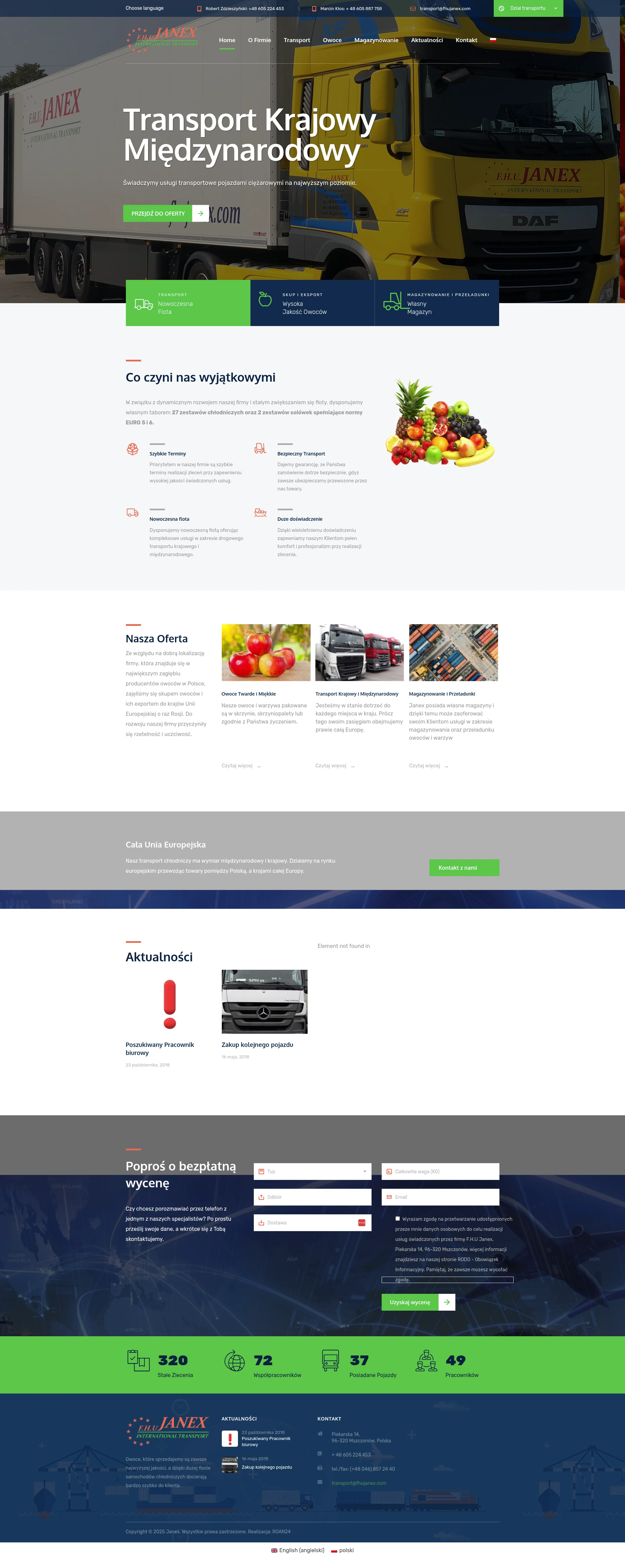 Screenshot strony internetowej F.H.U JANEX - profesjonalna strona firmy transportowej specjalizującej się w transporcie chłodniczym owoców i warzyw z flotą 27 zestawów chłodniczych obsługującą całą Europę
