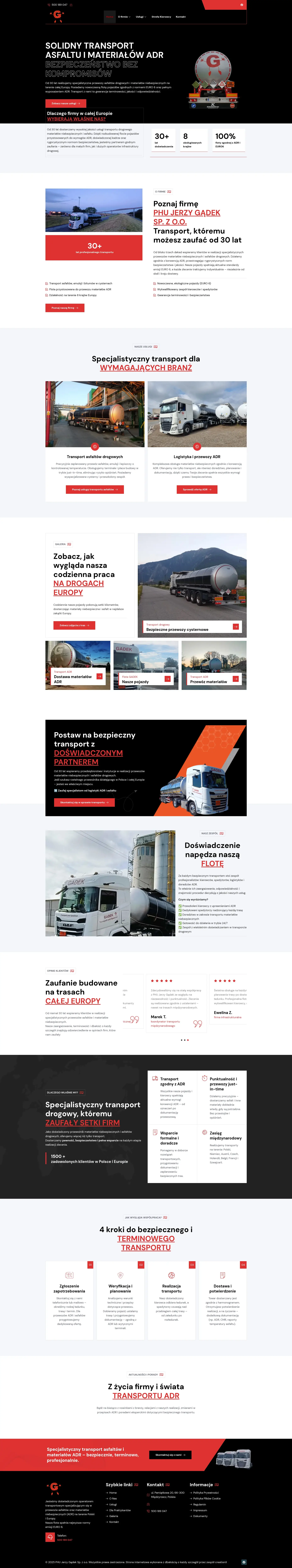 Screenshot strony internetowej PHU Jerzy Gądek - specjalistyczna strona firmy transportowej realizującej przewozy ADR materiałów niebezpiecznych i asfaltów w całej Europie z flotą EURO 6
