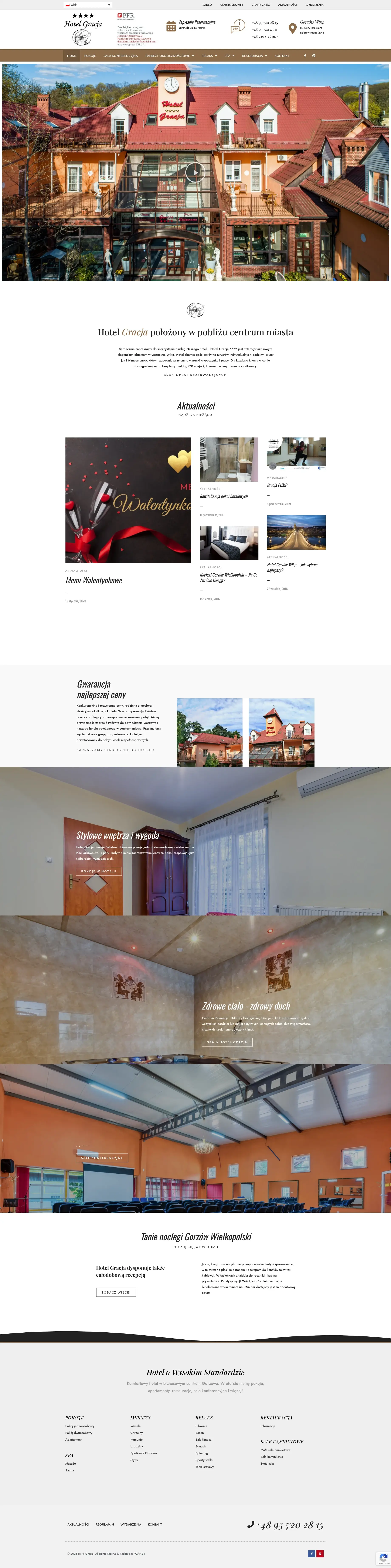 Screenshot strony internetowej Hotel Gracja w Gorzowie Wlkp. - elegancka strona hotelu z charakterystyczną architekturą, opisem pokoi, usług SPA i fitness oraz restauracji