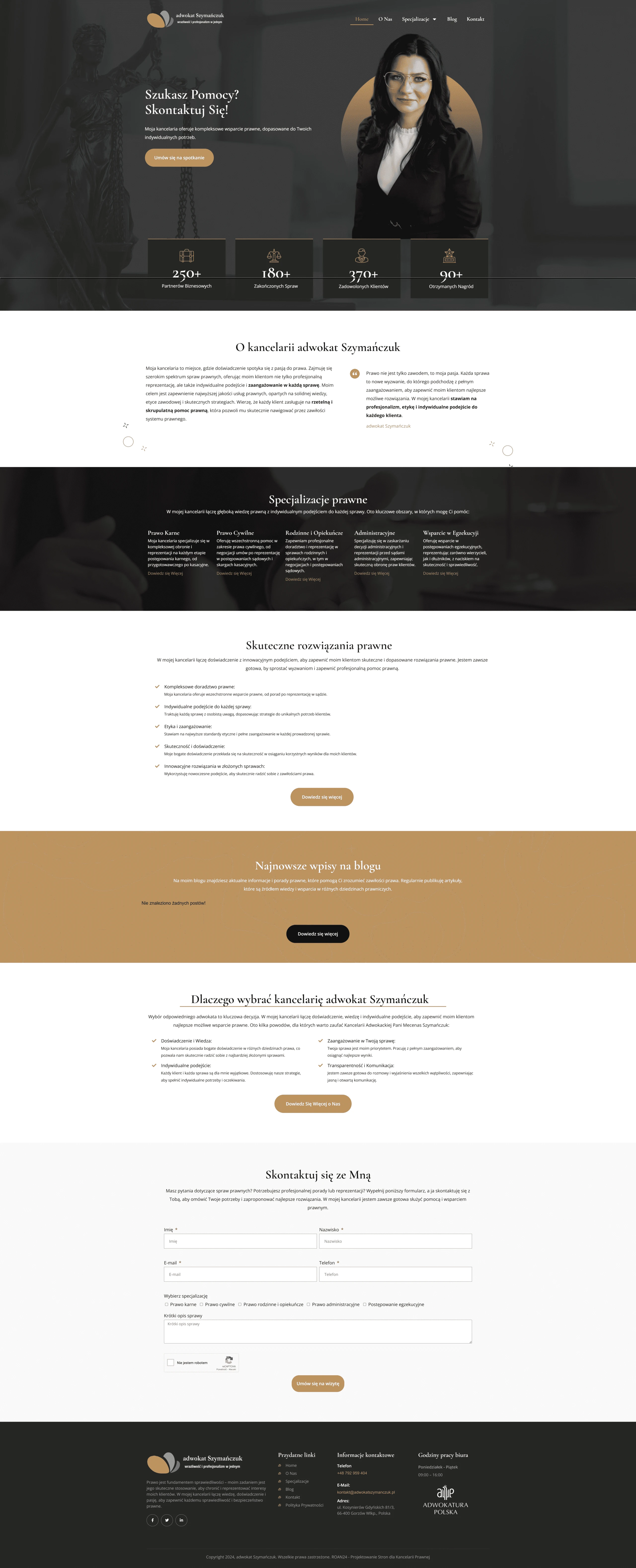 Screenshot strony internetowej Kancelarii Adwokackiej Szymańczuk - nowoczesna strona z profesjonalnym designem, statystykami osiągnięć i sekcją o doświadczeniu prawniczym