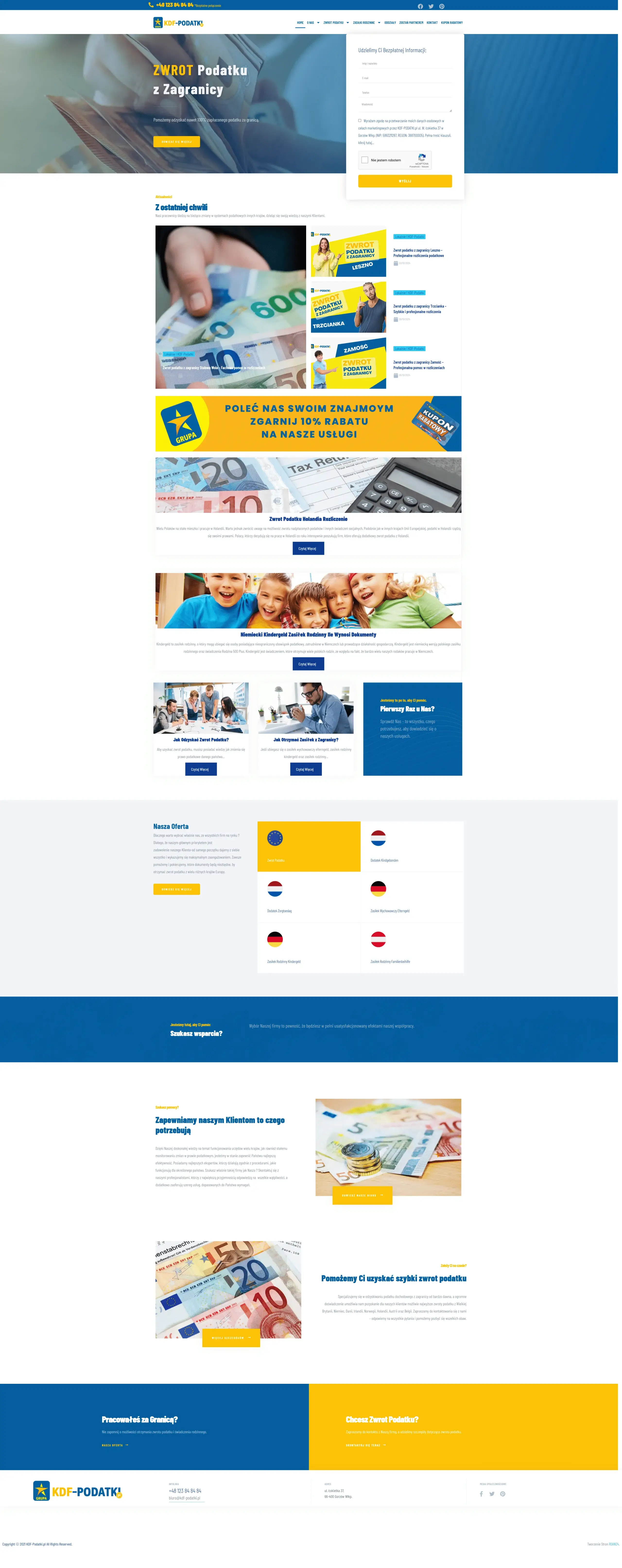 Screenshot strony internetowej KDF-Podatki - profesjonalna strona firmy podatkowej z formularzami kontaktowymi i sekcją aktualności