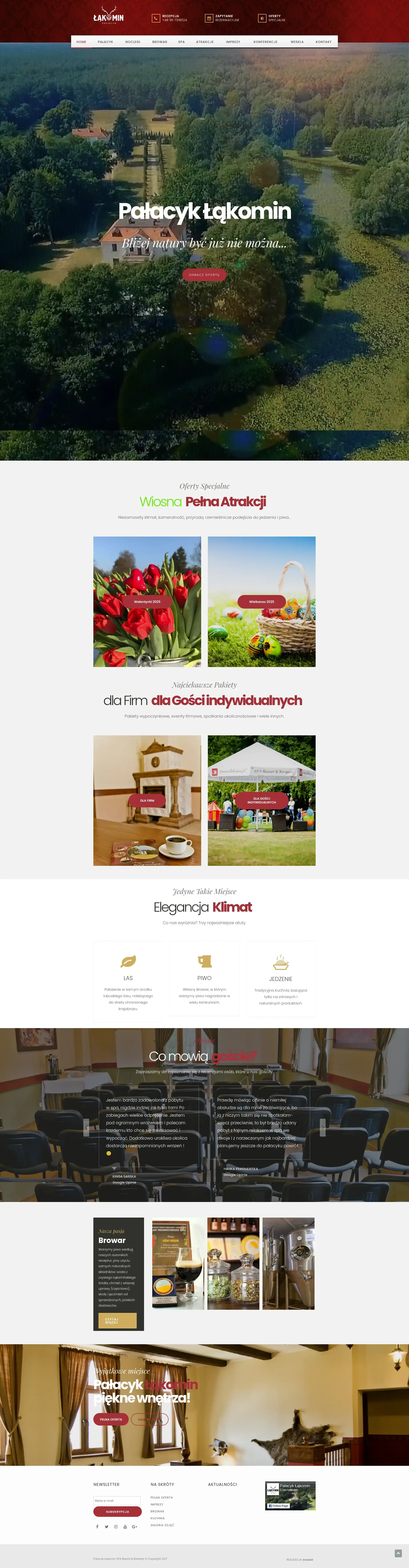 Screenshot strony internetowej Pałacyka Łąkomin - elegancka strona hotelu i SPA z widokiem z lotu ptaka na kompleks hotelowy w otoczeniu lasów