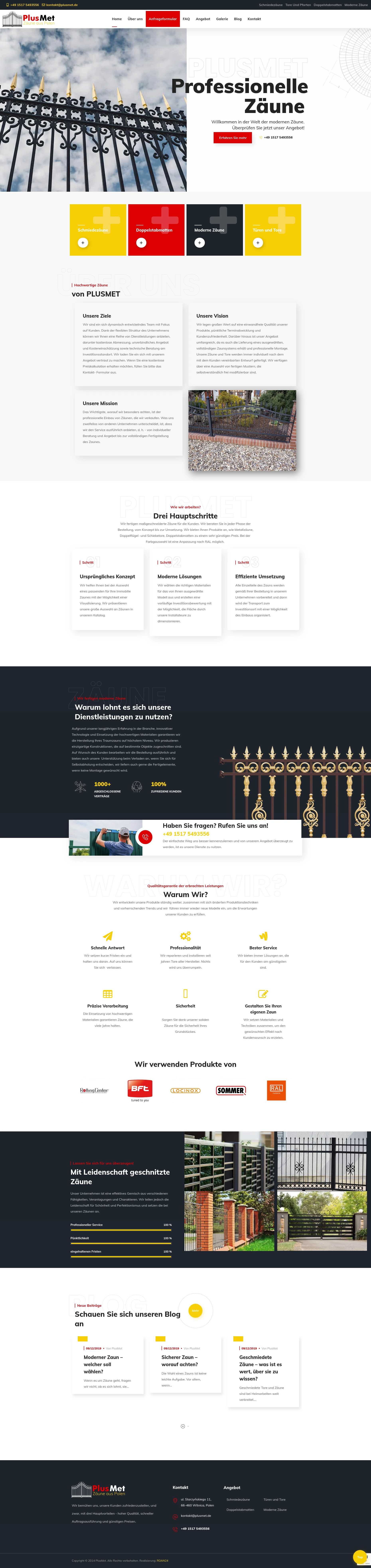 Screenshot strony internetowej PlusMet - niemiecka strona producenta profesjonalnych ogrodzeń metalowych, bram i panelów ogrodzeniowych z kompleksowym serwisem od koncepcji do realizacji