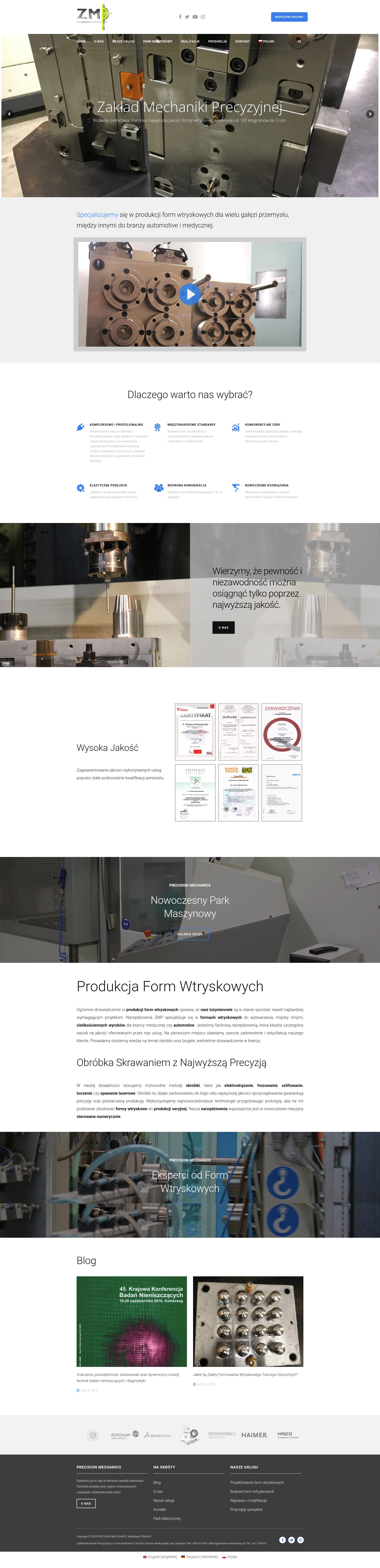 Screenshot strony internetowej Precision Mechanics - profesjonalna strona narzędziowni ZMP oferującej produkcję form wtryskowych, obróbkę CNC, toczenie, szlifowanie dla branży automotive i medycznej