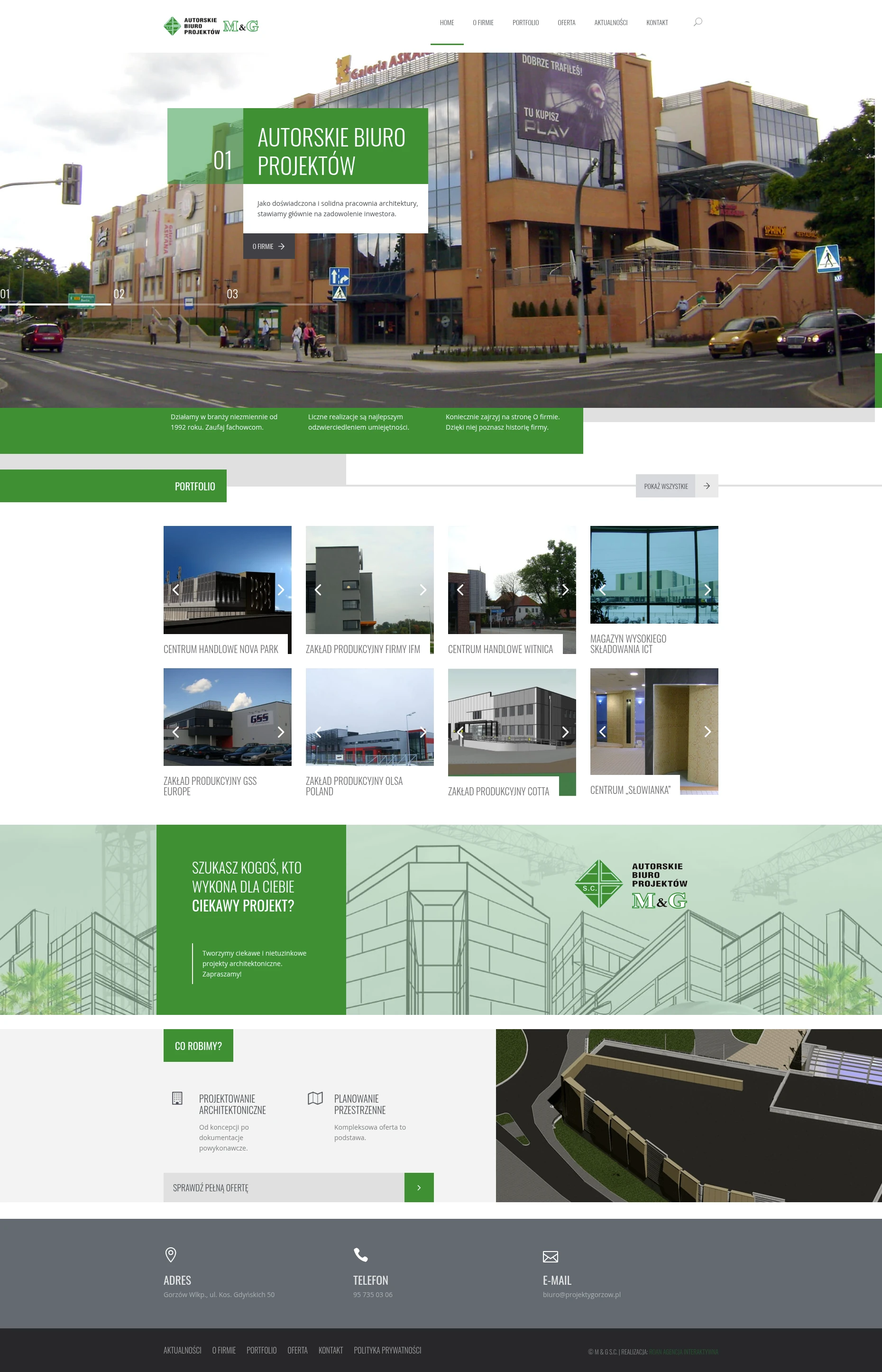 Screenshot strony internetowej Autorskie Biuro Projektów M&G - profesjonalna strona pracowni architektonicznej z Gorzowa oferującej projektowanie architektoniczne i planowanie przestrzenne od 1992 roku