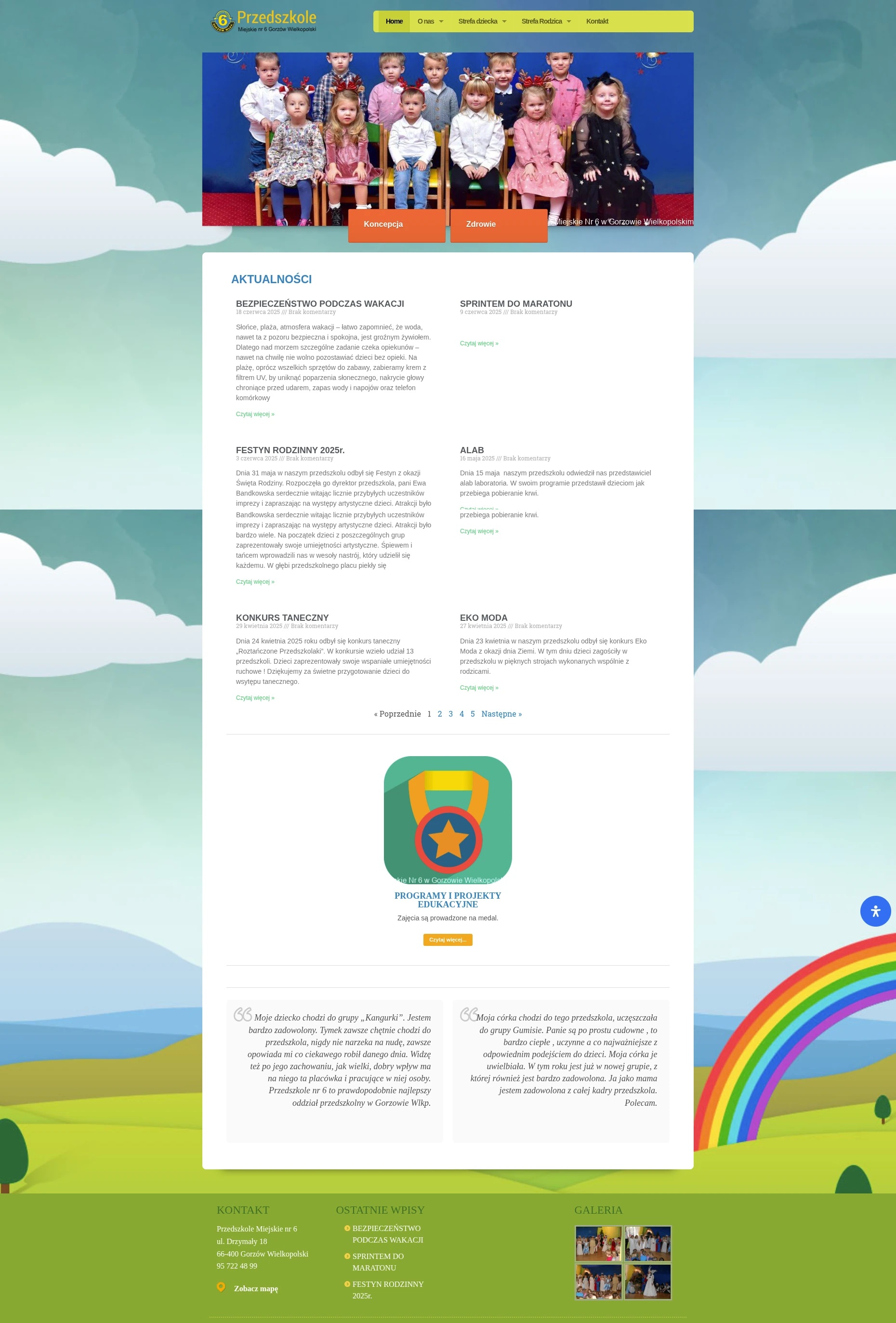 Screenshot strony internetowej Przedszkola Miejskiego Nr 6 w Gorzowie Wielkopolskim - profesjonalna strona miejskiej placówki edukacyjnej oferującej opiekę nad dziećmi, festyny rodzinne, konkursy taneczne i programy edukacyjne