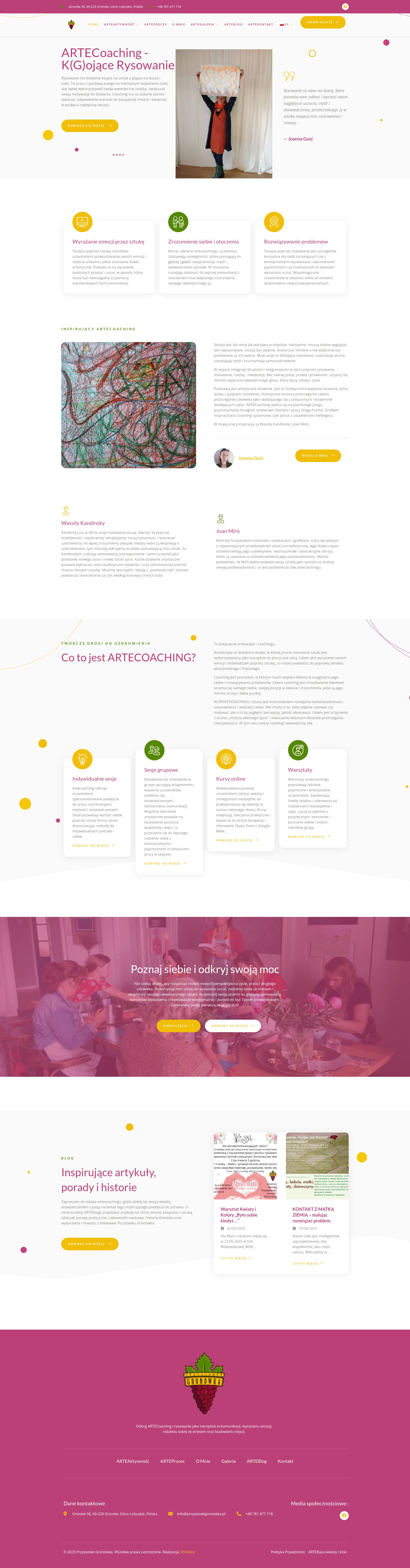 Screenshot strony internetowej Ośrodka Arteterapii Przystanek Gronówka - kreatywna strona z artecoachingiem, opisami usług arteterapii i galeriami z sesji terapeutycznych