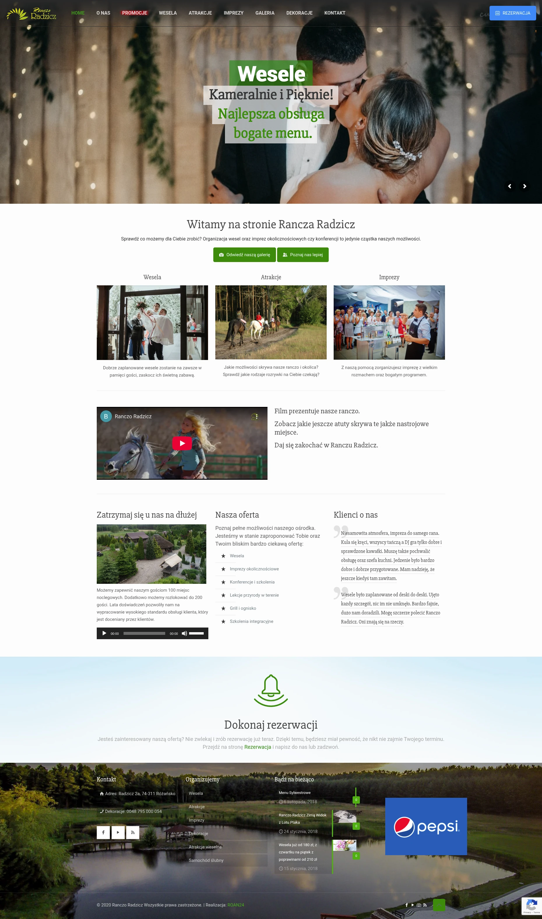 Screenshot strony internetowej Ranczo Radzicz - profesjonalna strona obiektu turystyczno-eventowego oferującego noclegi, wesela, konferencje i imprezy okolicznościowe w nastrojowym otoczeniu
