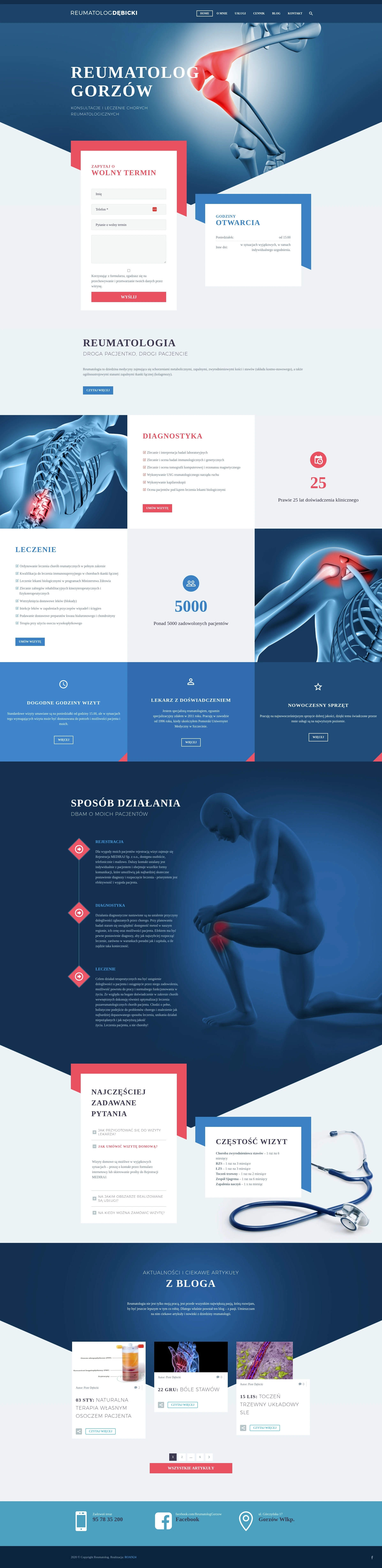 Screenshot strony internetowej Dr. Dębickiego - profesjonalna strona gabinetu reumatologicznego w Gorzowie oferującego diagnostykę, leczenie biologiczne, terapię PRP i kompleksową opiekę nad pacjentami z chorobami reumatycznymi