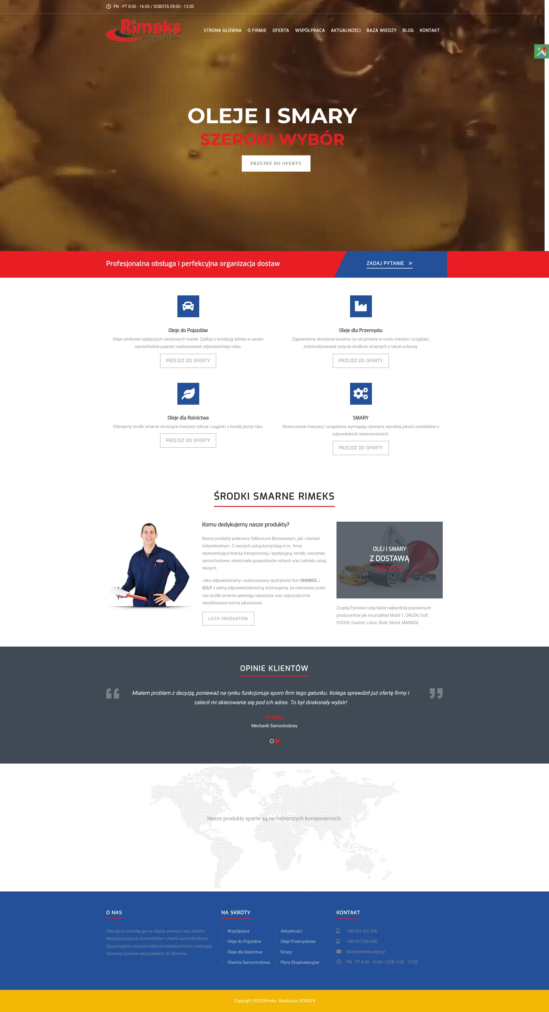 Screenshot strony internetowej Rimeks - profesjonalna strona dystrybutora olejów i smarów oferującego produkty dla pojazdów, przemysłu i rolnictwa, autoryzowanego dealera marek MANNOL, GULF, Mobil, Castrol
