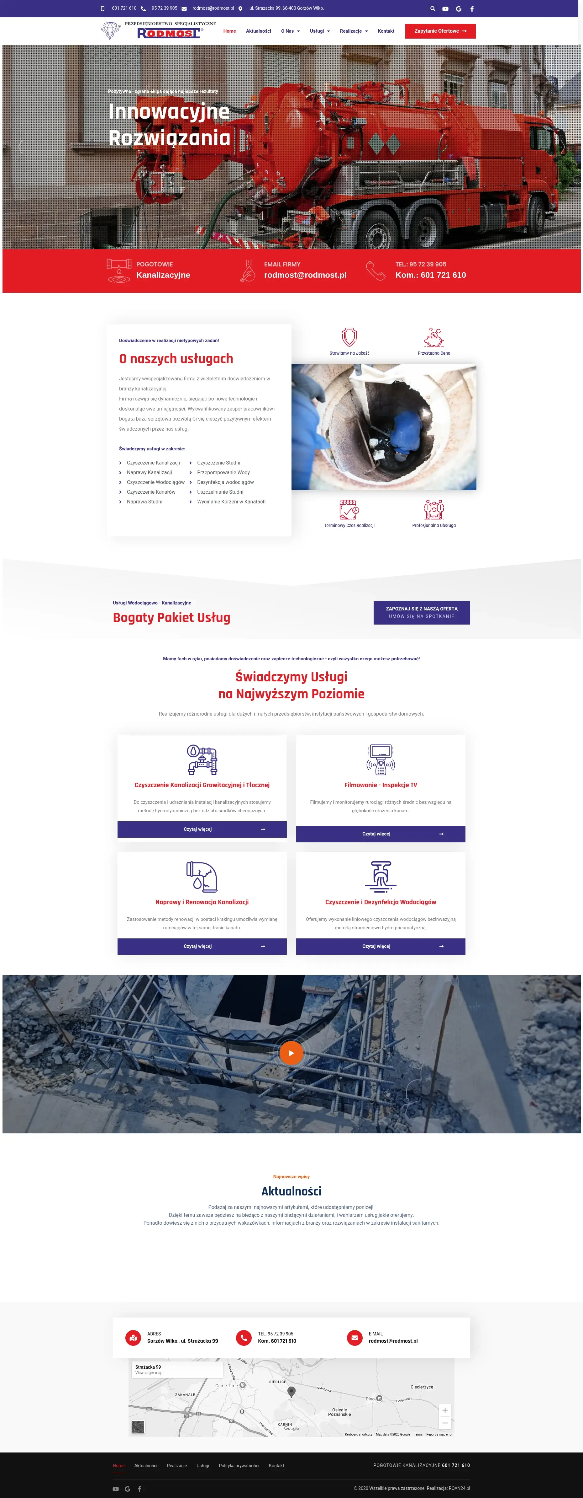 Screenshot strony internetowej RodMost - profesjonalna strona firmy świadczącej usługi wodociągowo-kanalizacyjne, czyszczenie kanalizacji, naprawy, inspekcje TV, pogotowie kanalizacyjne