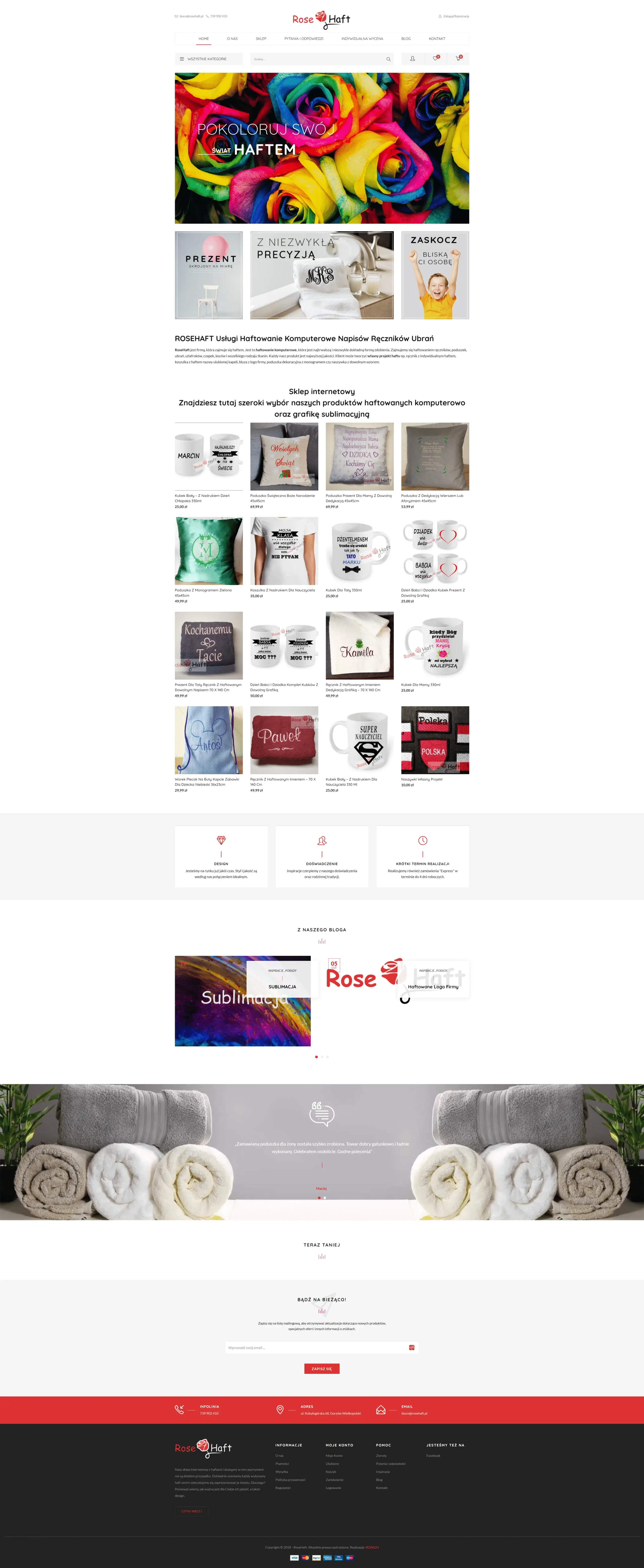 Screenshot sklepu internetowego Rose Haft - kolorowy e-commerce z haftami komputerowymi, prezentujący tęczowe róże i produkty hafciarskie z galerią oraz koszykiem zakupowym